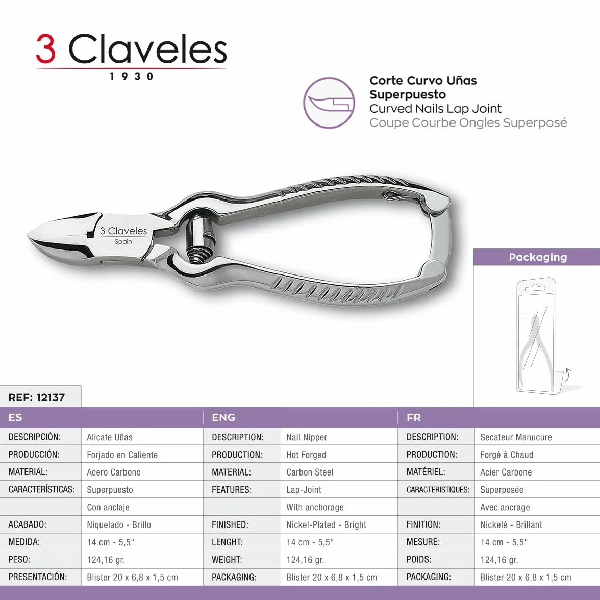 3 Claveles - Alicate Pedicuro, Acero De Carbono, 14 Cm, Gris
