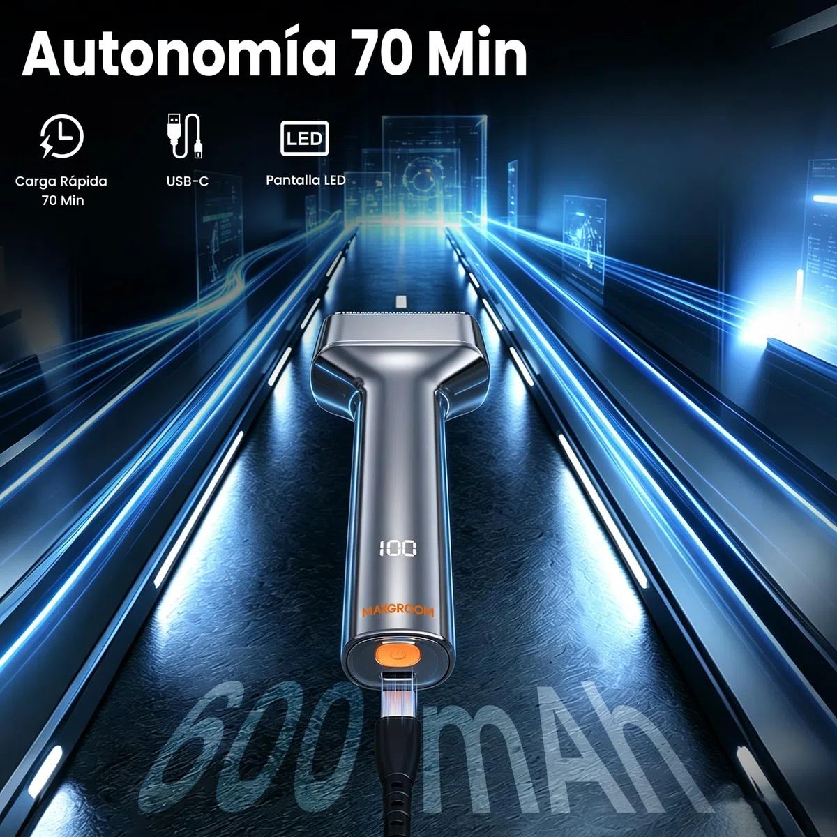 MAXGROOM Afeitadora Eléctrica Hombre de láminas, Máquina de Afeitar Hombre de 3 cabezales flotantes, shaver barba IPX7 cabezal desmontable, 70 mins de autonomía, 132 g ligero y portátil, USB-C y LED