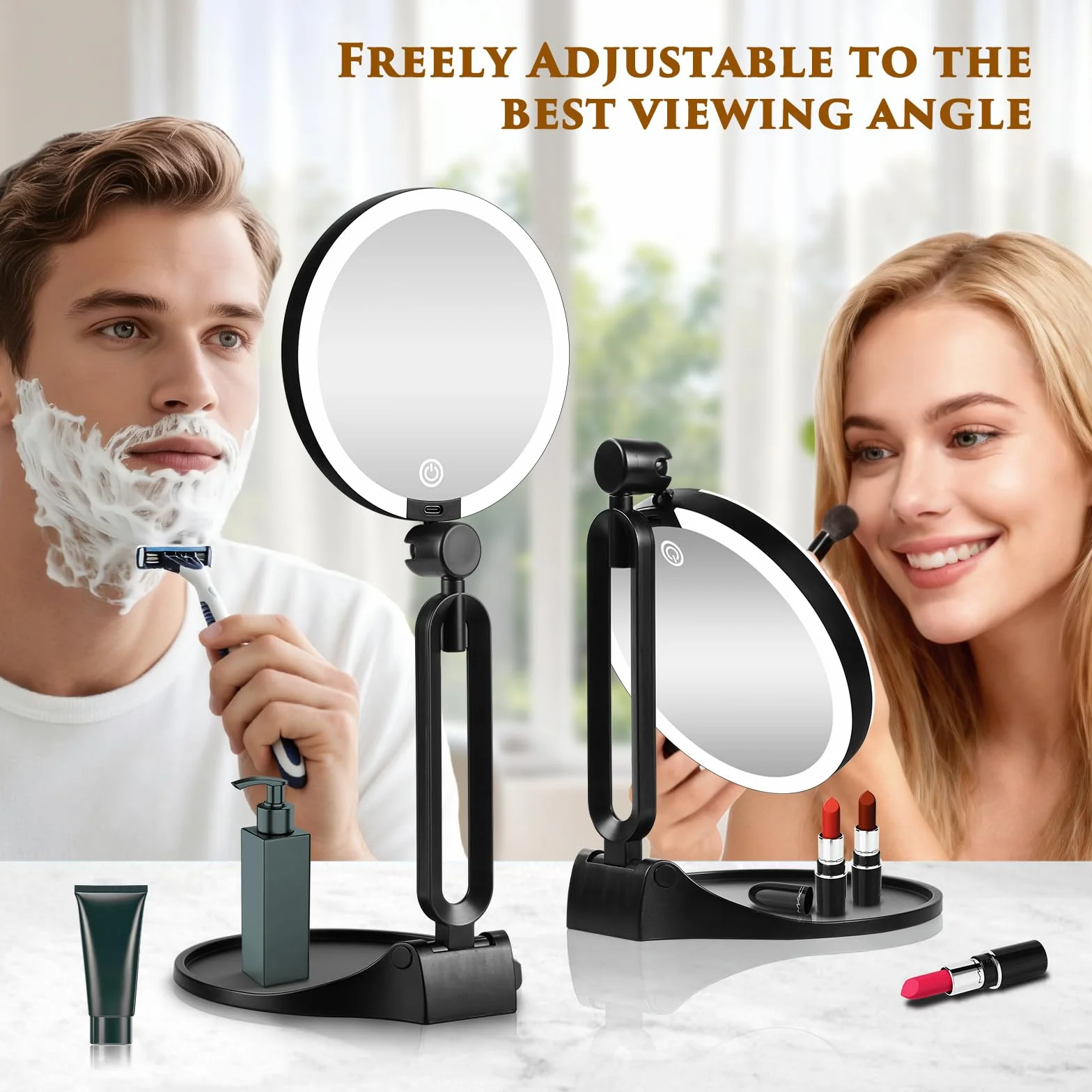 Espejo de maquillaje con aumento iluminado 30X/1X, espejo de maquillaje de doble cara con aumento 1X/30X y 3 luces de colores, espejo de escritorio recargable con aumento 30X y rotación de 360°