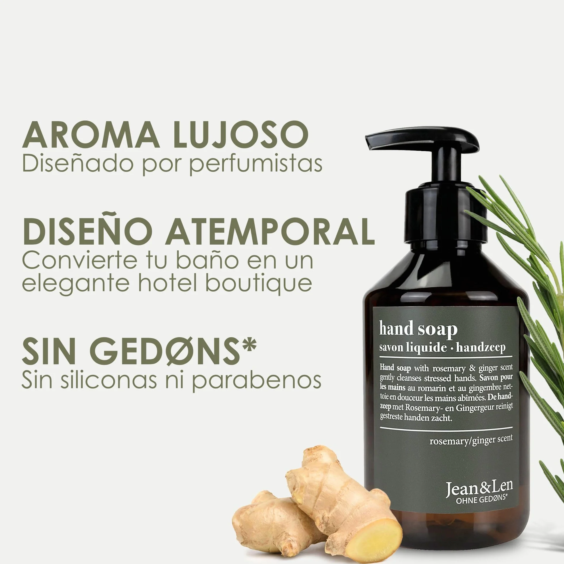 Jean & Len Jabón de manos Rosemary & Ginger 6 x 250 ml dosificador recargable sin parabenos