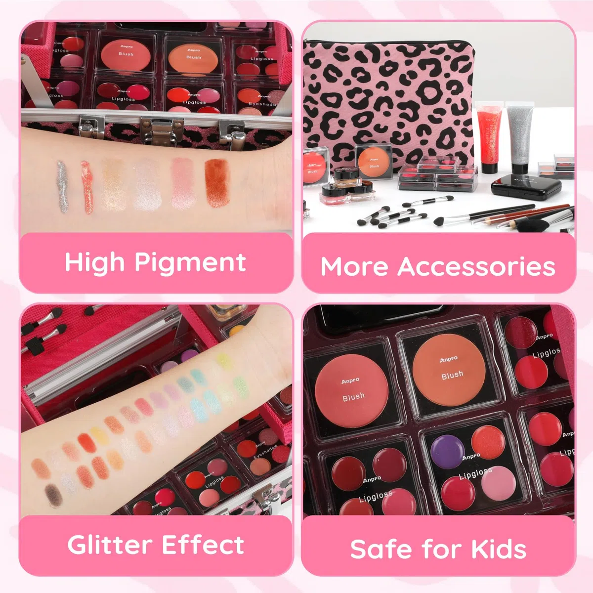 Anpro Estuche de Maquillaje Todo en Uno con Diseño Leopardo, Incluye Set de Maquillaje Profesional para Adolescentes, Pinceles, Paleta de Sombras, Regalo Ideal para Niñas - Rosa Leopardo