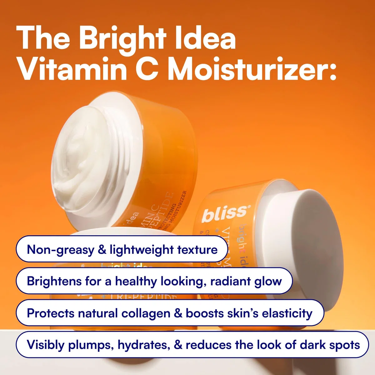 Bliss Crema hidratante iluminadora Tri-Peptide | Vitamina C y escualano | Crema facial hidratante antienvejecimiento para una piel radiante | Vegana y libre de crueldad animal, 1,7 fl oz