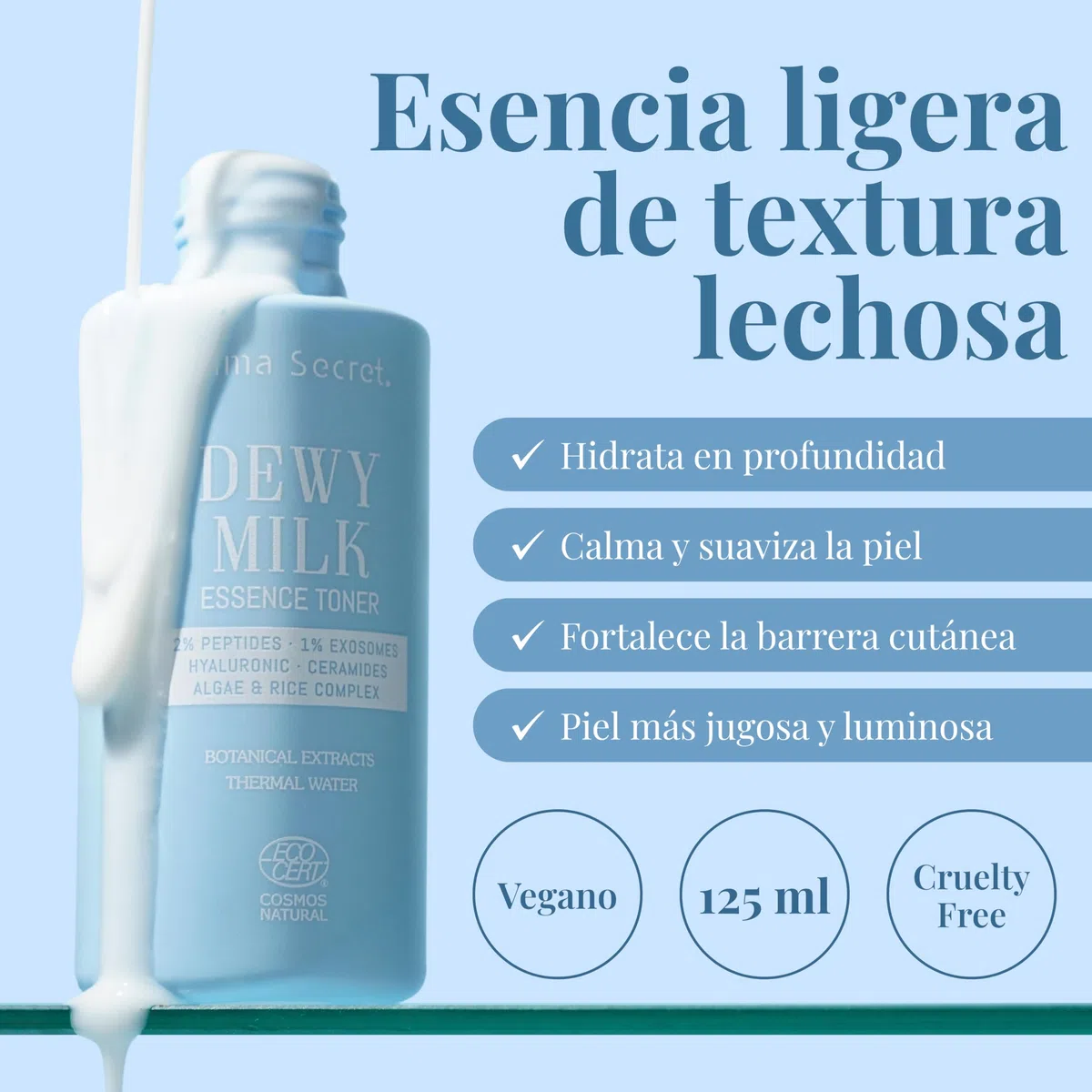 ALMA SECRET | Dewy Milk Essence Toner - Tónico esencia hidratante oil free de textura lechosa con Exosomas, Péptidos, Arroz y Ceramidas - Piel jugosa, calmada y con efecto glass skin - 125 ml
