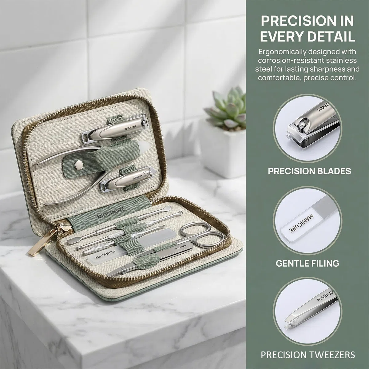 Set de Manicura 9 Piezas, Kit de Pedicura de Acero Inoxidable con Estuche, Set Profesional para el Cuidado de las Uñas con Cortaúñas, Tijeras, Lima de Vidrio para Uso Doméstico y Viajes