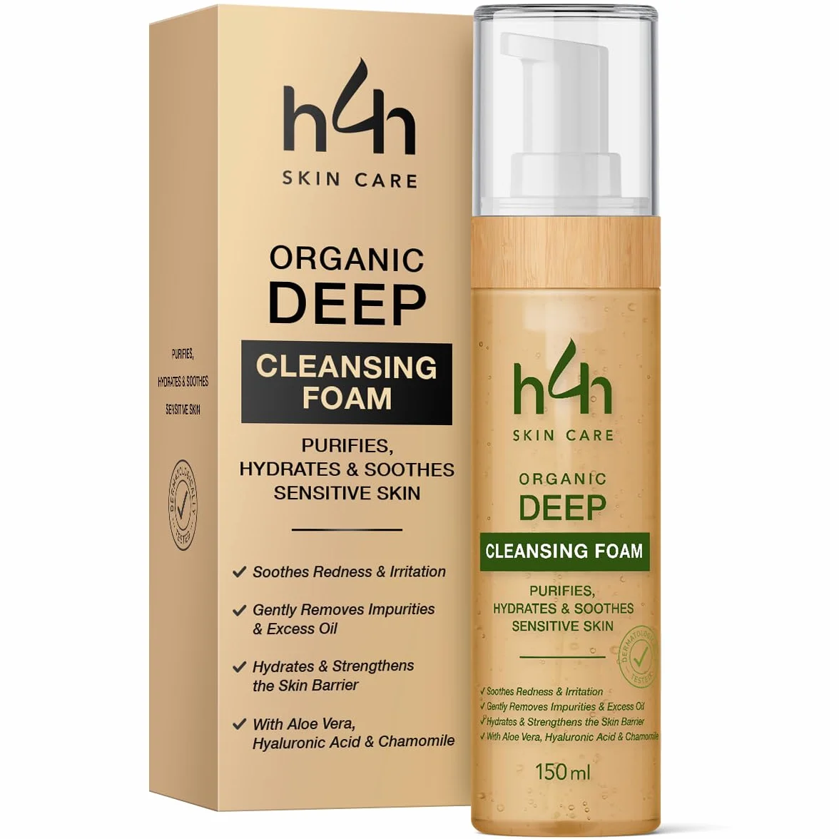 Espuma limpiadora facial orgánica – Limpieza facial suave para pieles sensibles – Con aloe vera, ácido hialurónico y manzanilla – Limpiador de espuma hidratante – Vegano y sin perfume – 150 ml