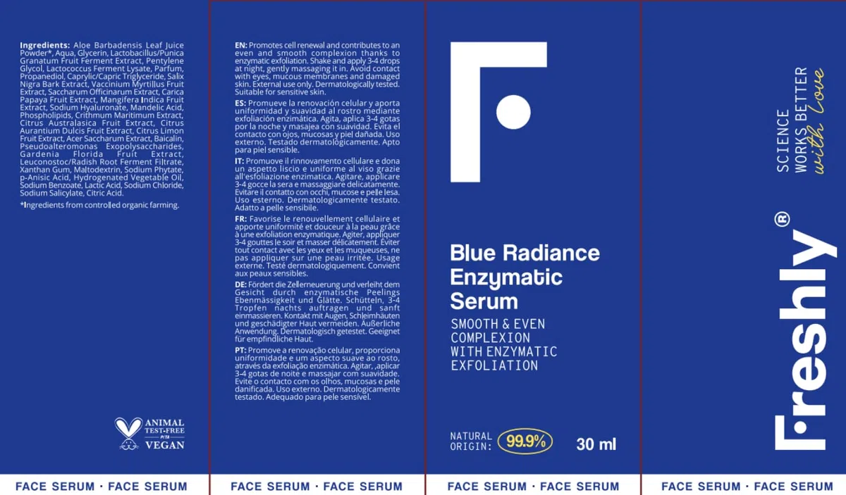 Freshly - Sérum Facial Exfoliante Ácido Mandélico, 15 ml - Blue Radiance Enzymatic Serum - Elimina Puntos Negros y Células Muertas