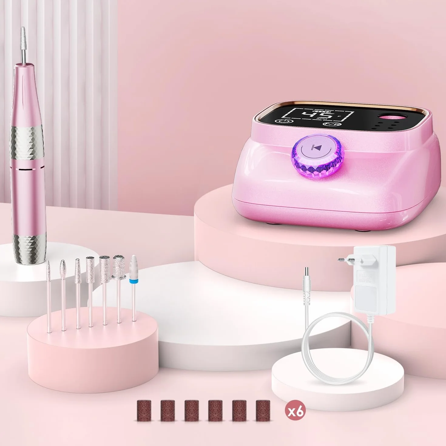 45,000 RPM Torno para Uñas Eléctricos, Lima Electrica Uñas Profesional, Pedicura, Pulido y Eliminación de gel de Uñas Acrílicas, para Uso Doméstico Salones de Uñas, Rosa
