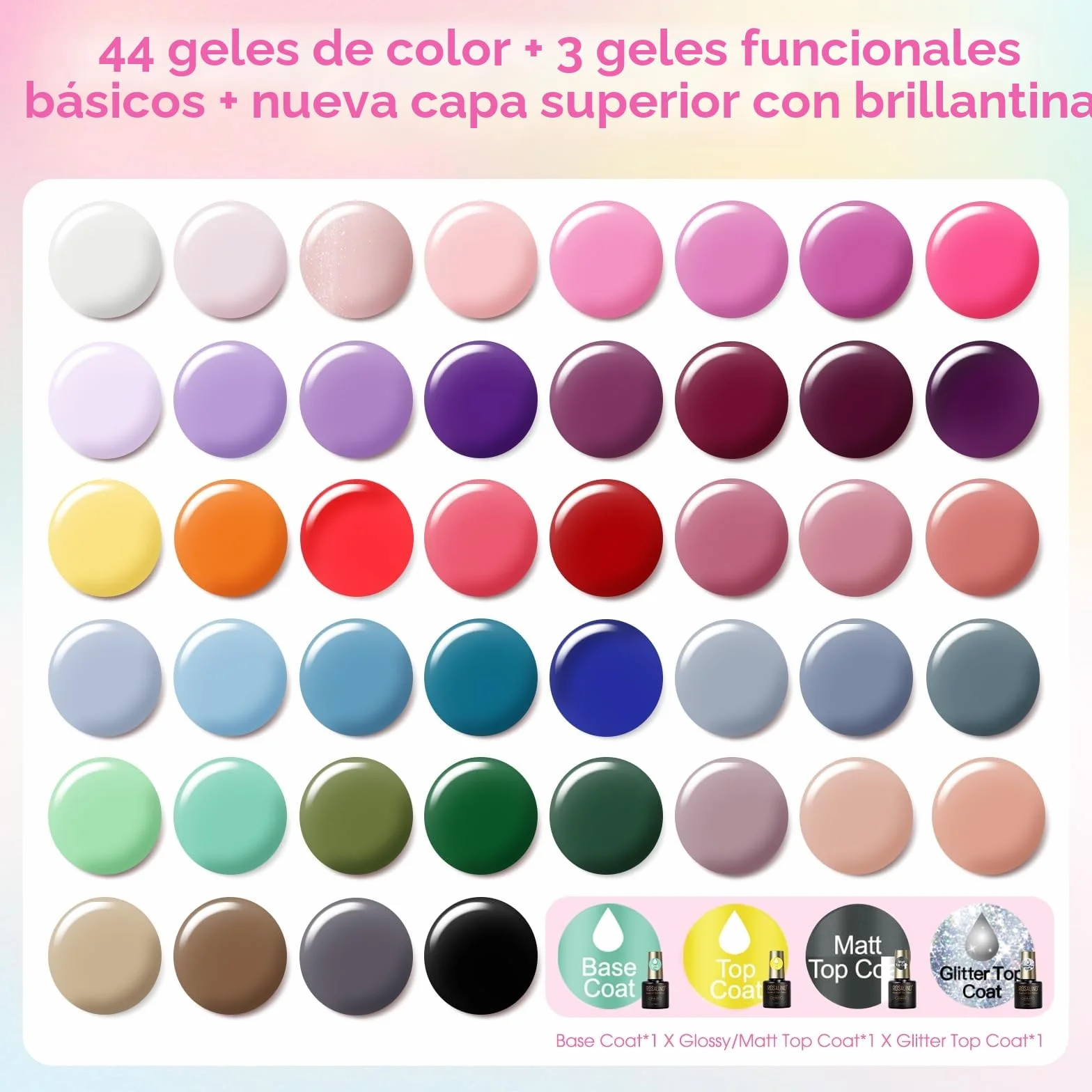 ROSALIND Esmaltes Semipermanentes Para Uñas, 48 Piezas Blanco Rosa Morado Amarillo Naranja Rojo Colores Esmaltes Semipermanente Azul Verde Marrón, UV/LED Mini Pintauñas Semipermanentes Nail Art Regalo
