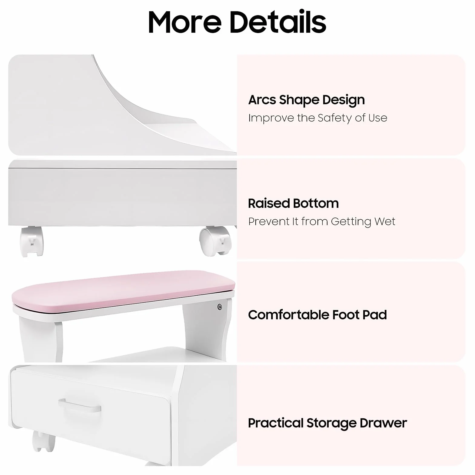 Carrito de Pedicura, Mueble Rodante para Manicura y Cuidado, Taburete de Cuatro Ruedas con Bandeja y Almacenamiento, con Reposapies, Ideal para Salón de Belleza, Spa y Uso Doméstico Profesional