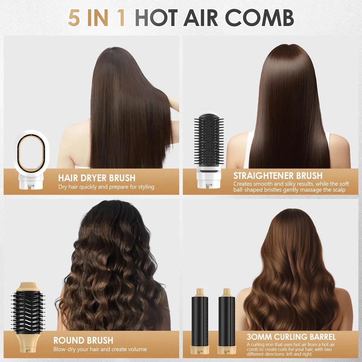 Cepillo de Aire Caliente, Air Styler 5 en 1, Cepillo Alisador Pelo, Cepillo Secador de Pelo, 5 Cabezales Intercambiables, 3 Temperaturas, Peinados Rápidos, para Seca Alisa (Oro blanco)