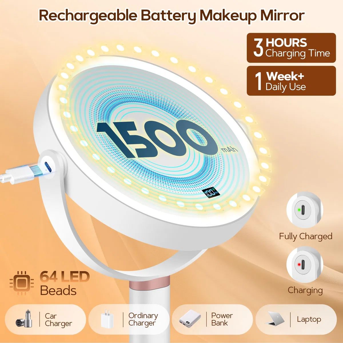 B Beauty Planet Espejo Maquillaje con Luz, 30X/1X Espejo Aumento con Luz, Doble Cara, Espejo de Maquillaje Iluminado Pinzas, 3 Modos de Color con Brillo y Altura Ajustable (Blanco)