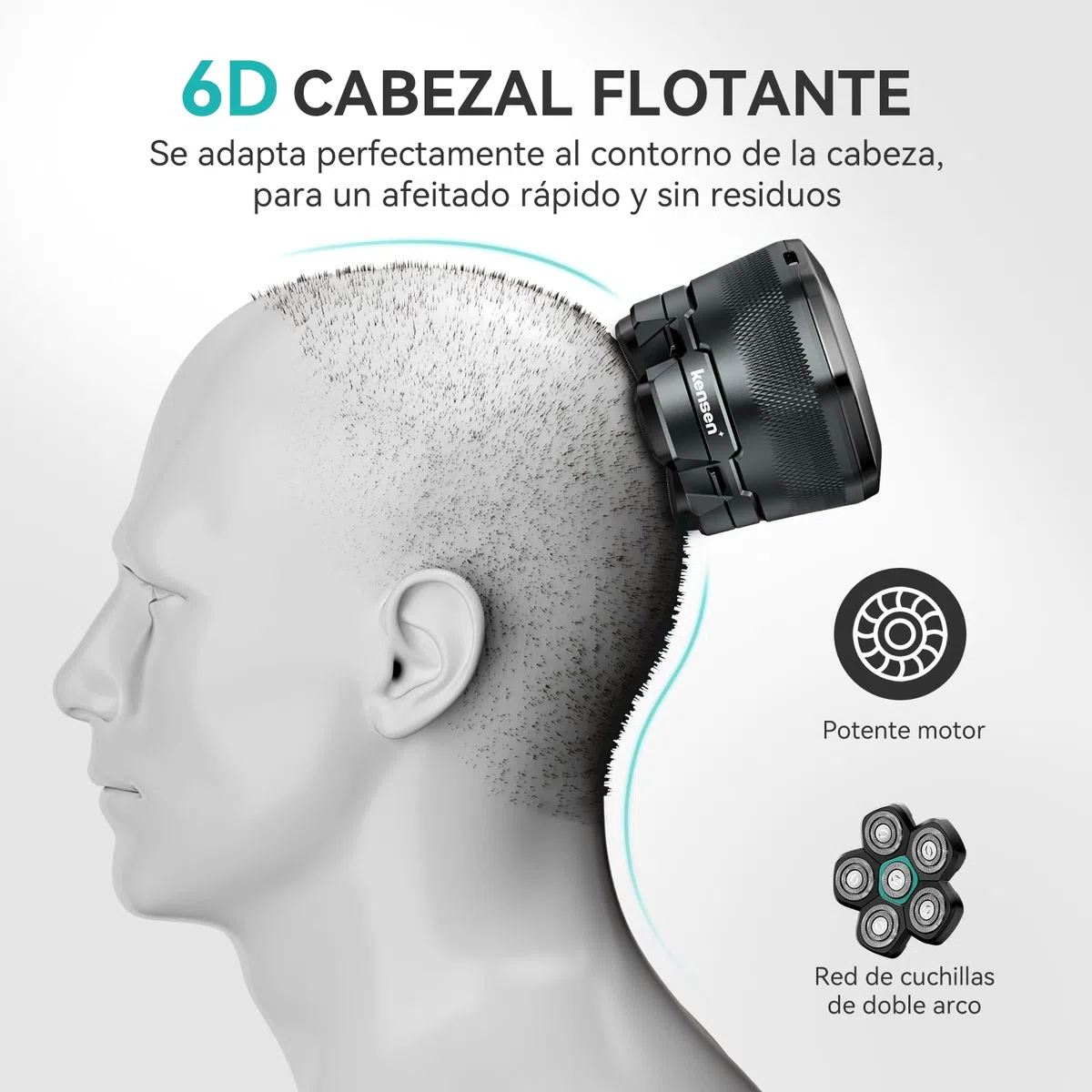 kensen Kit Afeitadora Cabeza Hombre, Maquina Afeitar Cabeza con Cabezal de Repuesto, 6D Cabezales Afeitadora para Calvos, Uso en Seco y Húmedo, Pantalla LED, 180 mins Uso, IPX6 Impermeable