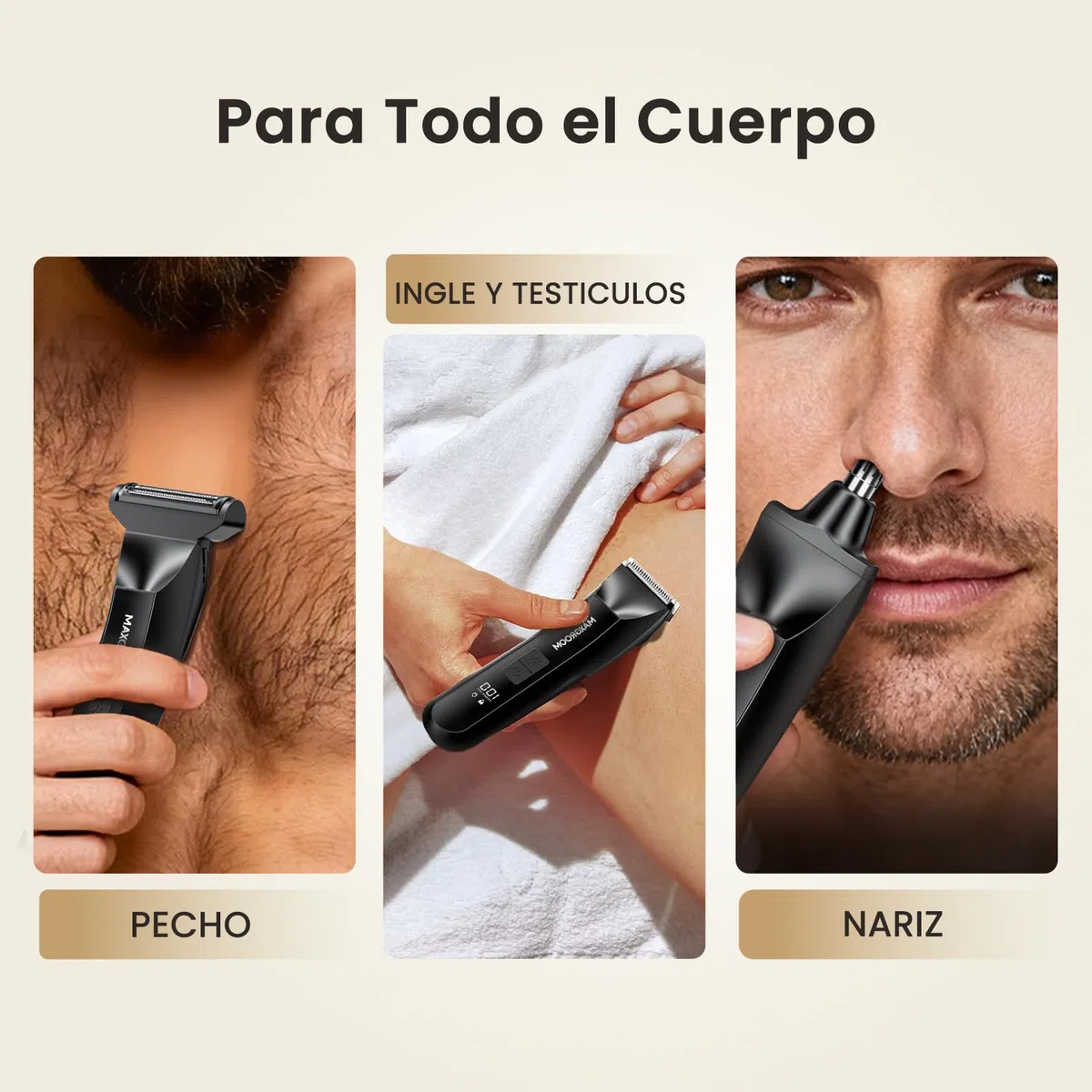 MAXGROOM Afeitadora Corporal Masculina 3 en 1, Depiladora Recargable con Luz LED Precisa, 100% Impermeable, Ideal para Barba, Axilas, Pecho, Piernas y Zonas Íntimas, Incluye Cortapelos Nasal, Negro
