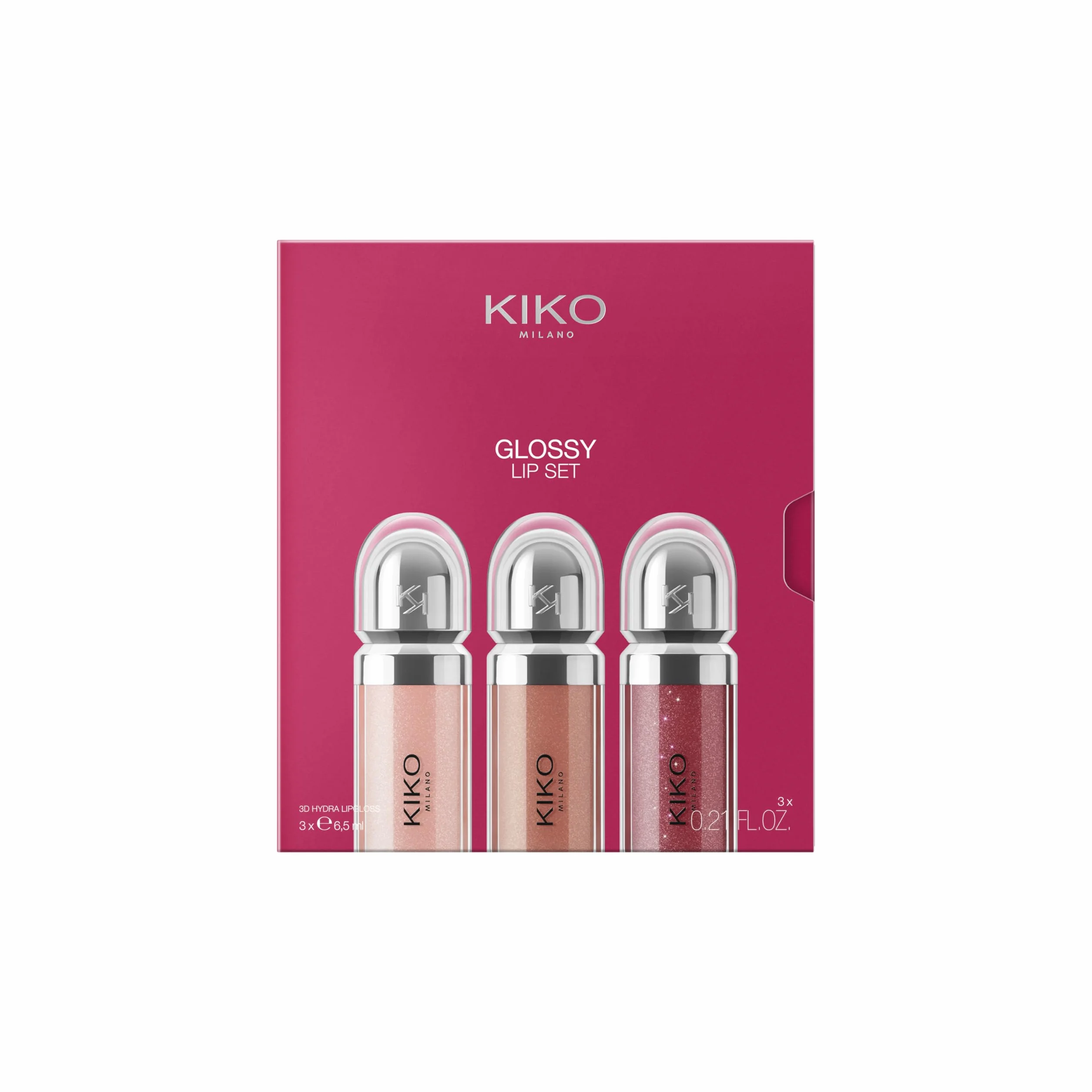 KIKO Milano Glossy Lip Set 03, Kit De Labios: 3 Brillos De Labios Hidratantes Efecto Volumen 3D