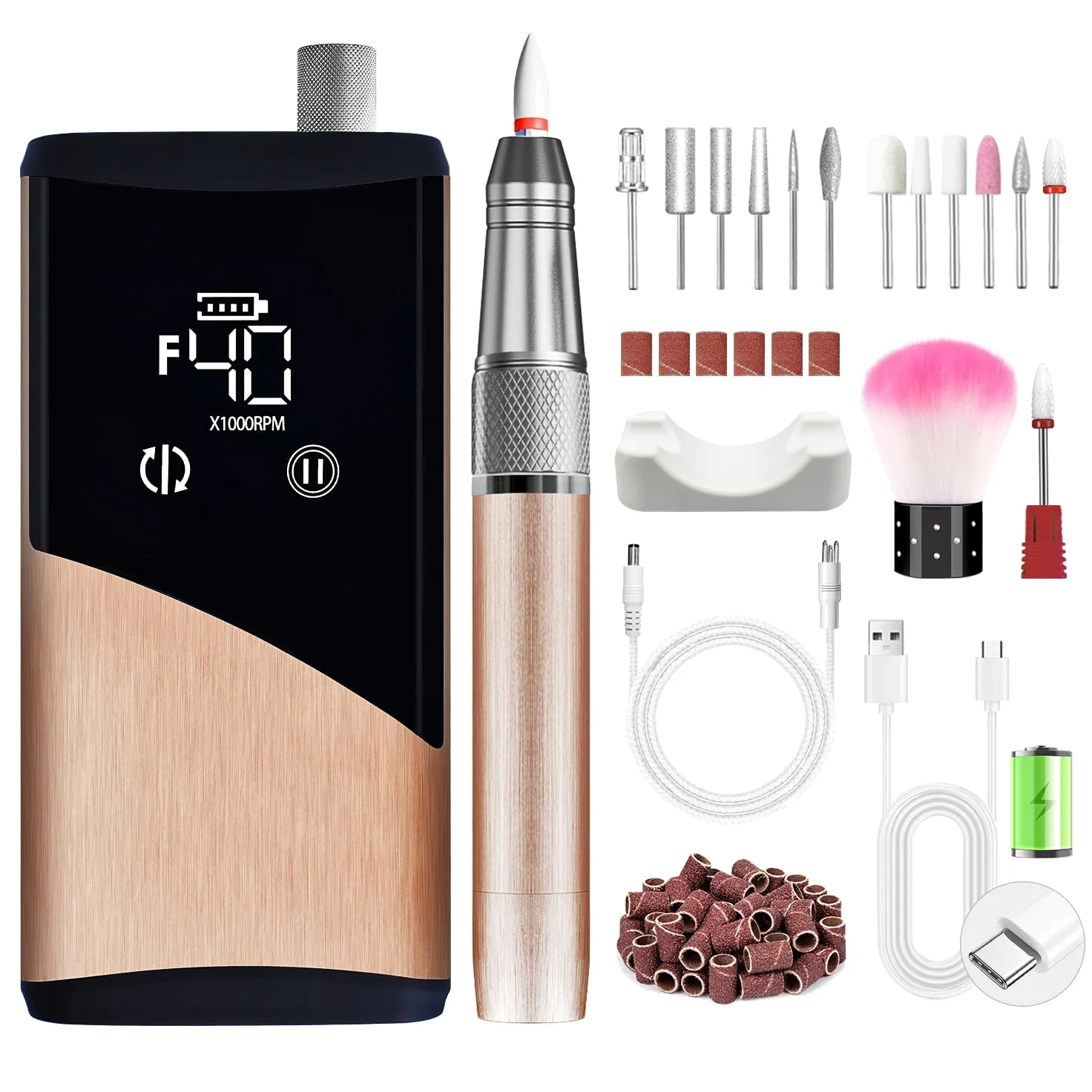 Torno para Uñas Profesional con Motor Brushless 40000 RPM, Autonomía 24H Lima Eléctrica Inalámbrica para Uñas Gel y Acrílico, Pantalla Táctil HD, Kit 13-en-1, Oro Rosa Cepillado | Motor Brushless, 40000 RPM, Autonomía 24H, Aleación de Aluminio, Pantalla T