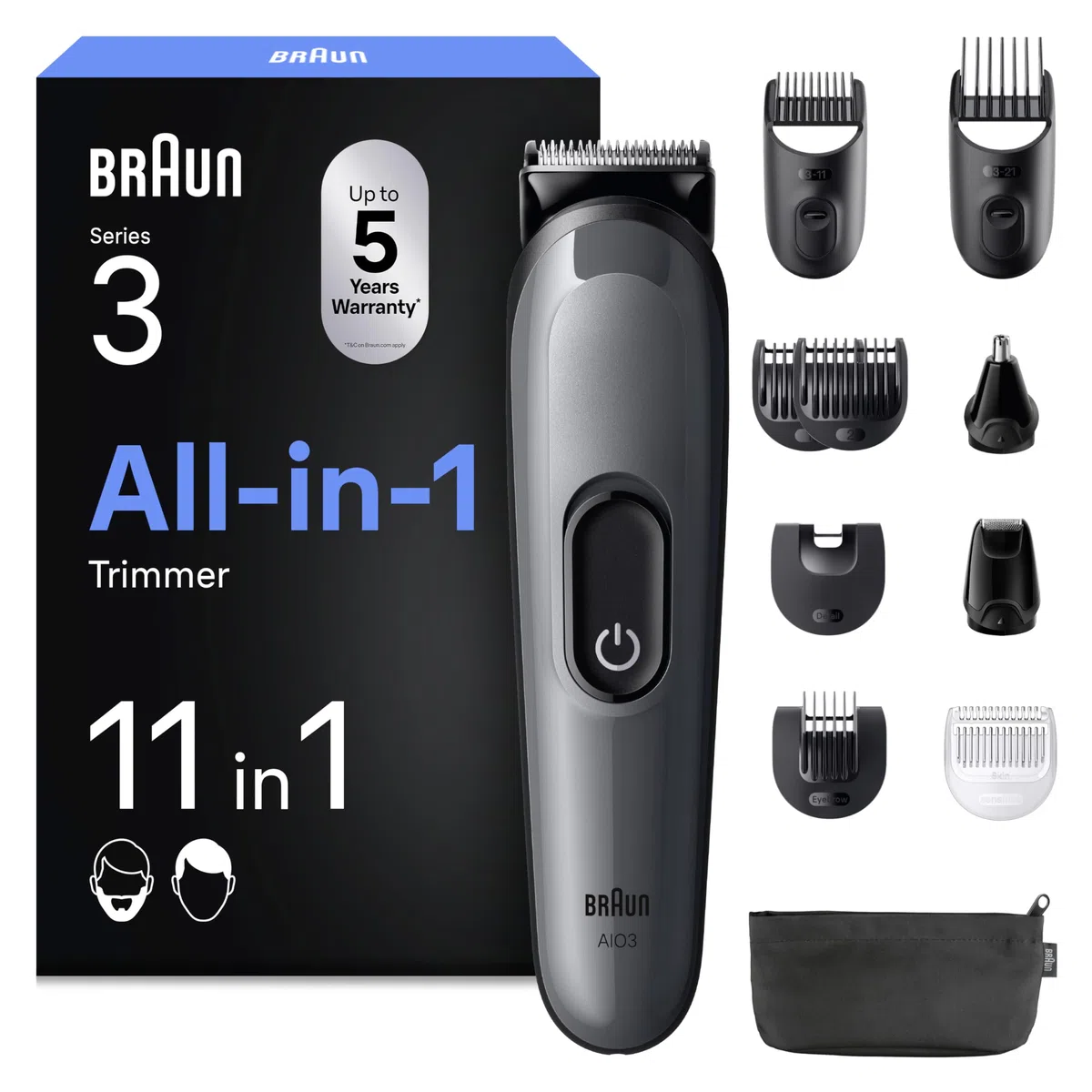 Braun Recortadora Todo en Uno Series 3 AIO3565, Gris - Kit de Styling 11en1 para Barba Y Pelo, 14 Longitudes, Máquina de Cortar Pelo con Autonomía de 50 Min, Cortapelos Hombre, Recorte Fácil Y Rápido