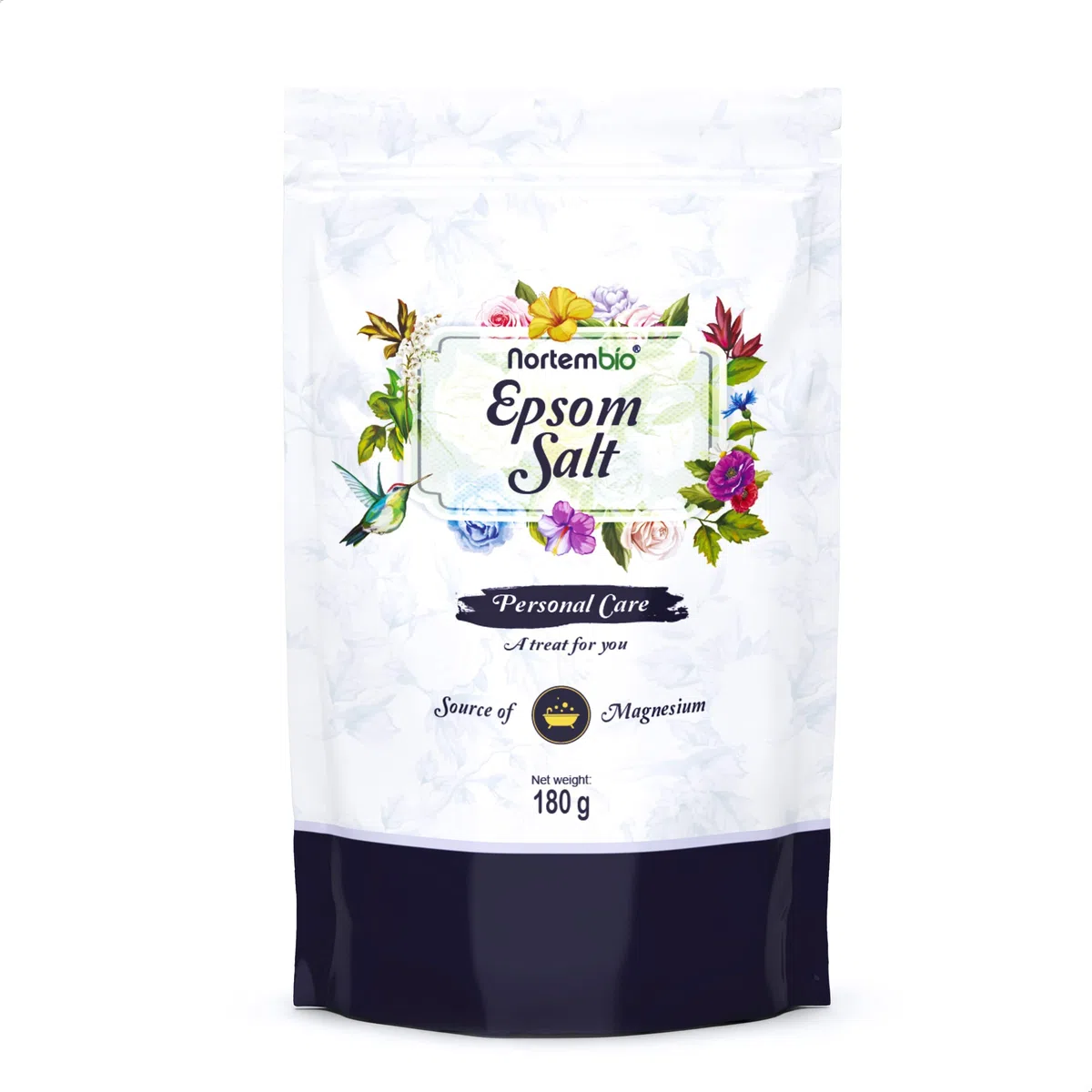Nortembio Sal de Epsom (Sulfato de Magnesio) 180g – Sales de baño para Relajación Muscular y Recuperación – Sales de Epsom para pies – Piel Sensible y Exfoliación – 100% Natural + eBook Gratis