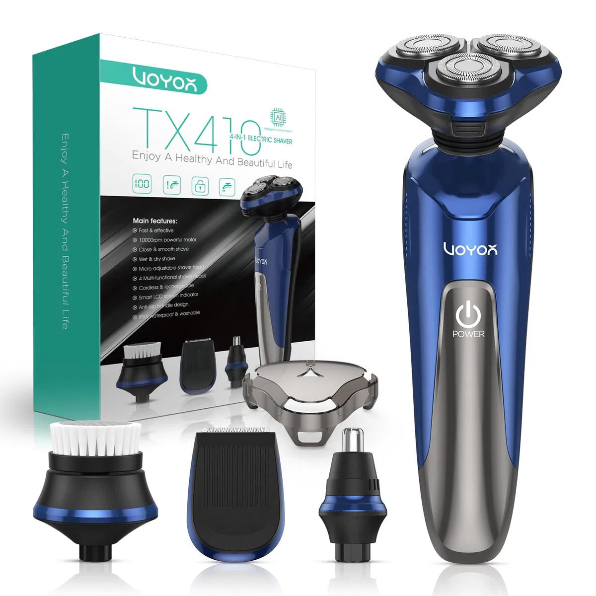 VOYOR Máquina de afeitar Afeitadora Eléctrica Recargable Para Hombres, Recortadora de Barba, Juego de Afeitadora En Húmedo y Seco TX410 (Azul)