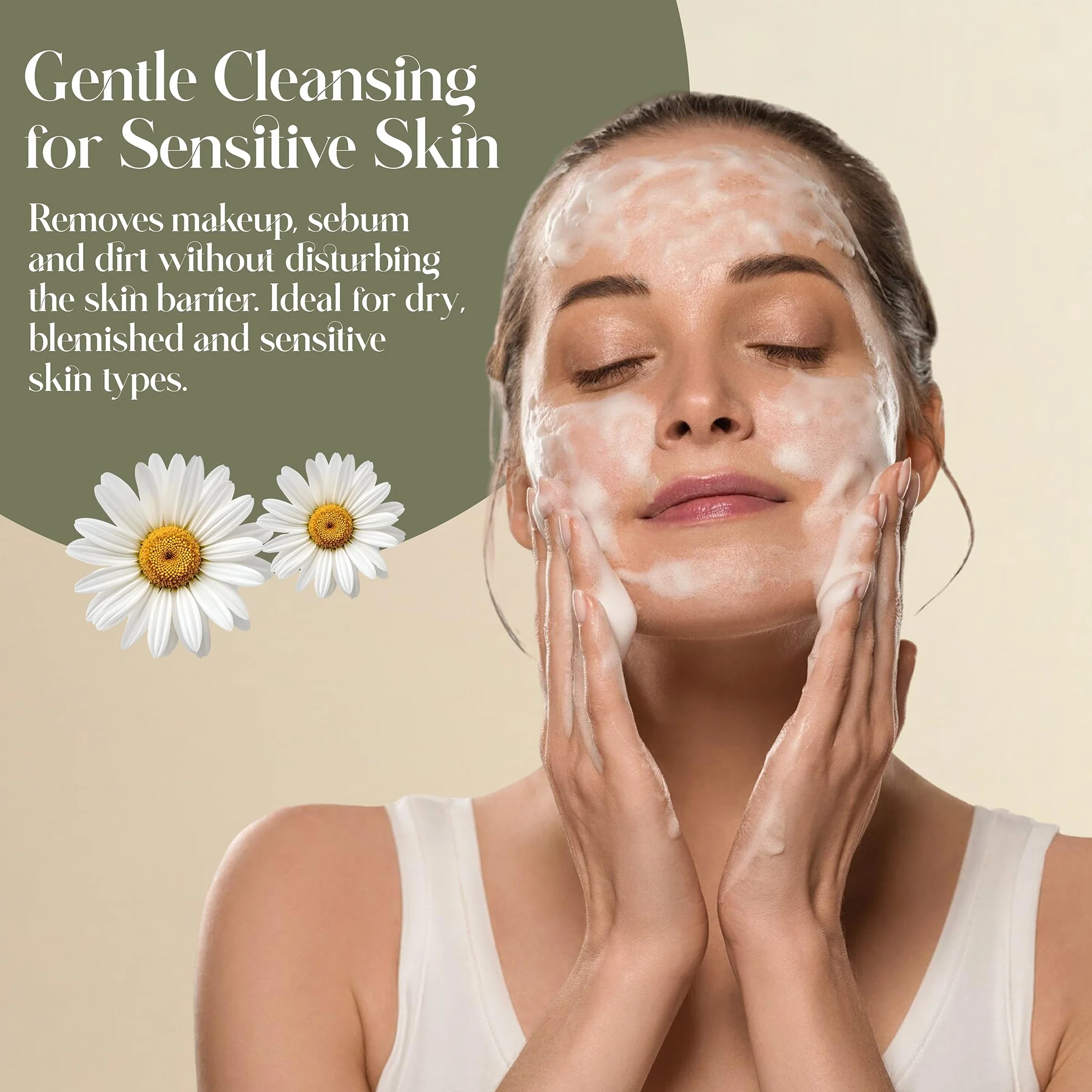 Espuma limpiadora facial orgánica – Limpieza facial suave para pieles sensibles – Con aloe vera, ácido hialurónico y manzanilla – Limpiador de espuma hidratante – Vegano y sin perfume – 150 ml