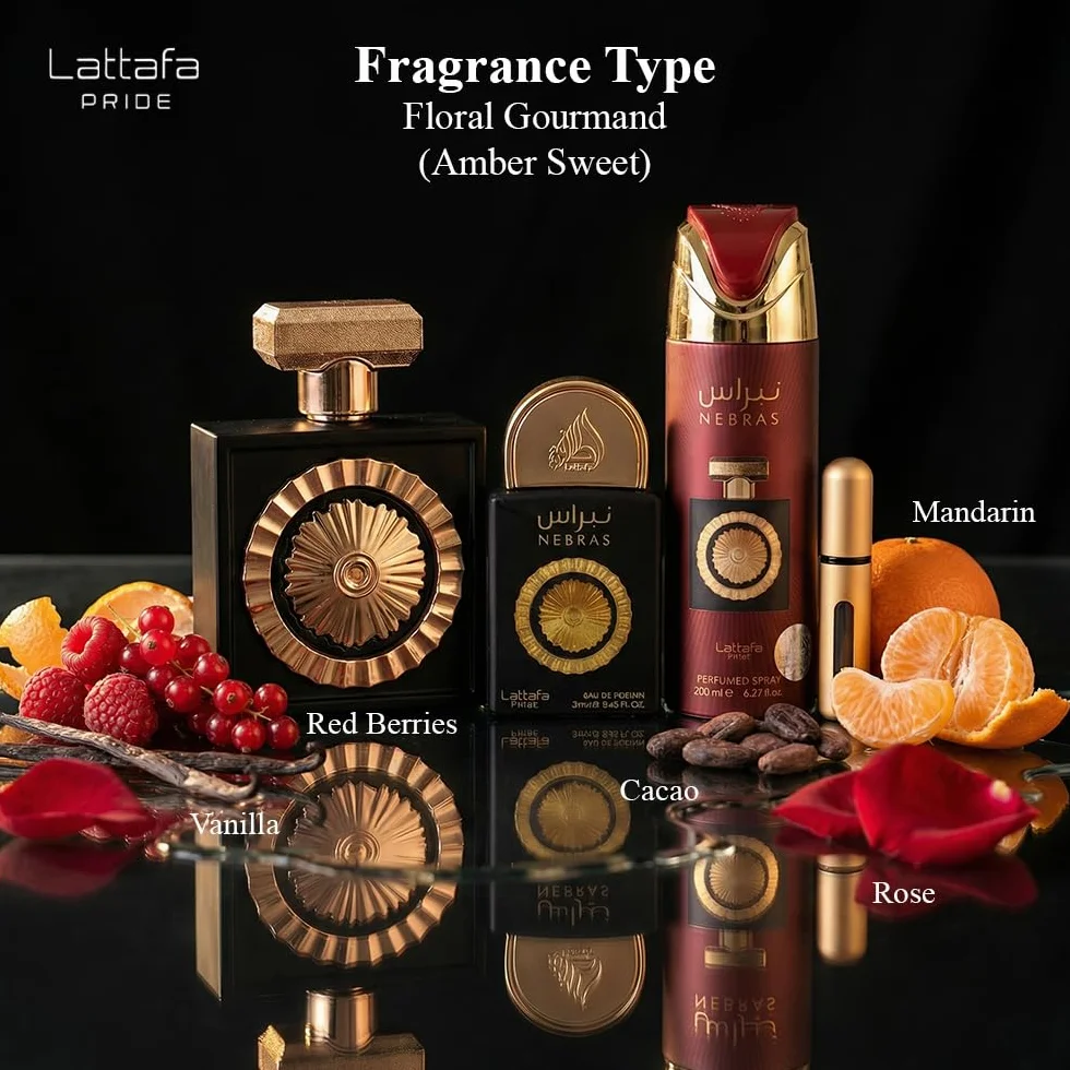 Lattafa Pride Nebras - Set de regalo de lujo para mujeres y hombres, frambuesa, cacao oscuro y vainilla, aroma largo y calmante