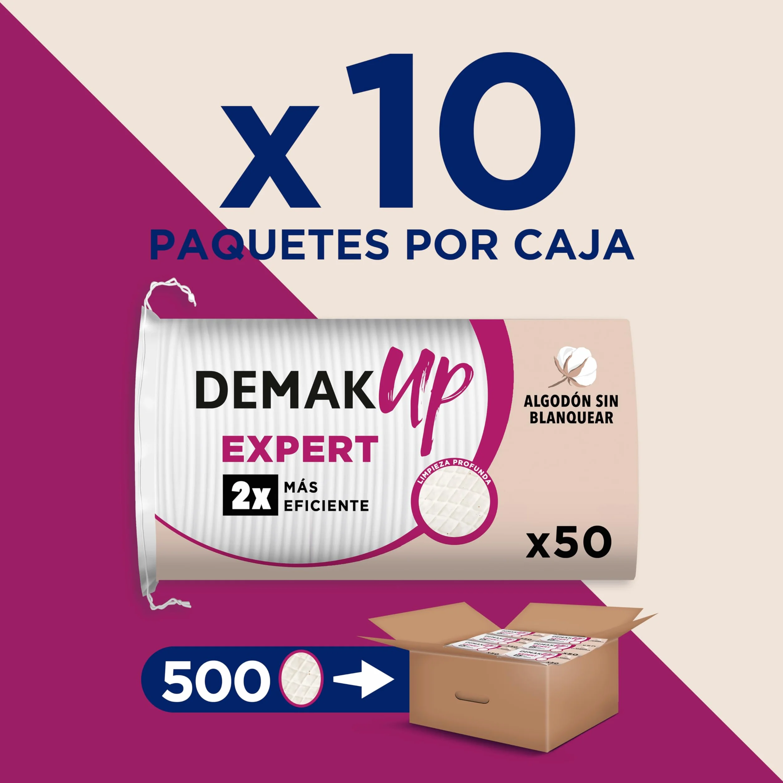 Demak'Up Expert 10x50 Discos de algodón desmaquillantes Ovales - Fibra de Algodón Natural sin Blanquear - 500 Discos de algodón