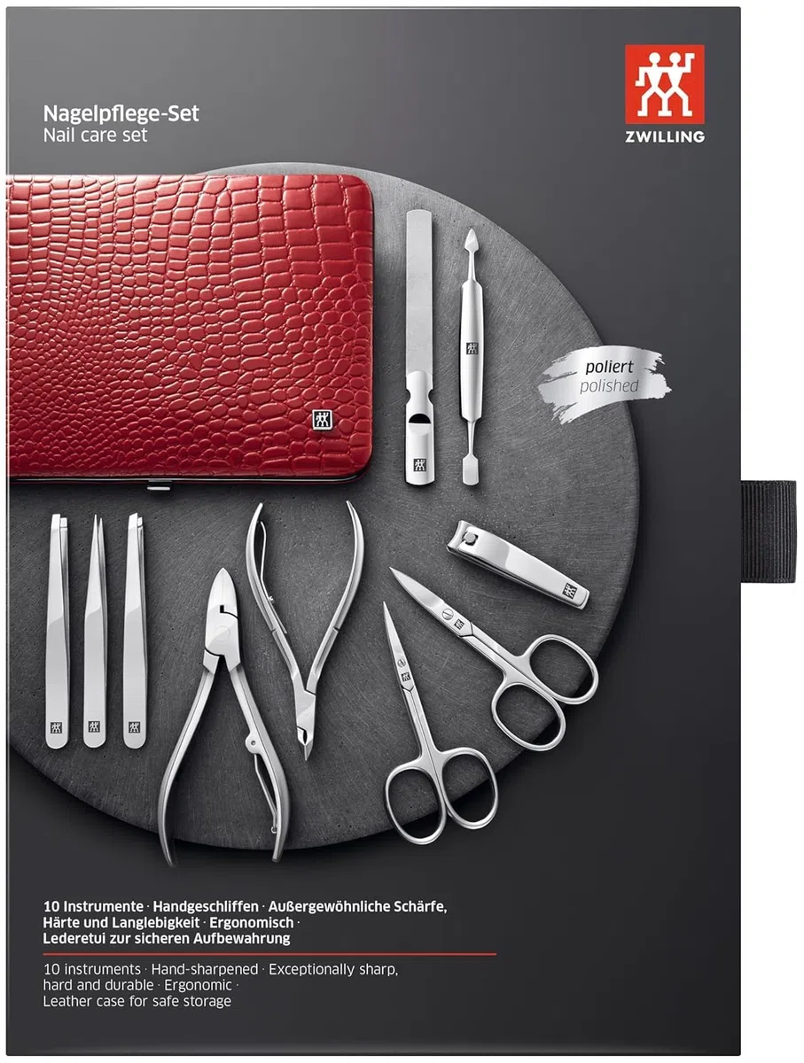 ZWILLING Set de manicura (10 piezas, set completo para uñas de manos y pies, estuche de piel auténtica con marco metálico), acero inoxidable pulido, edición cocodrilo, rojo