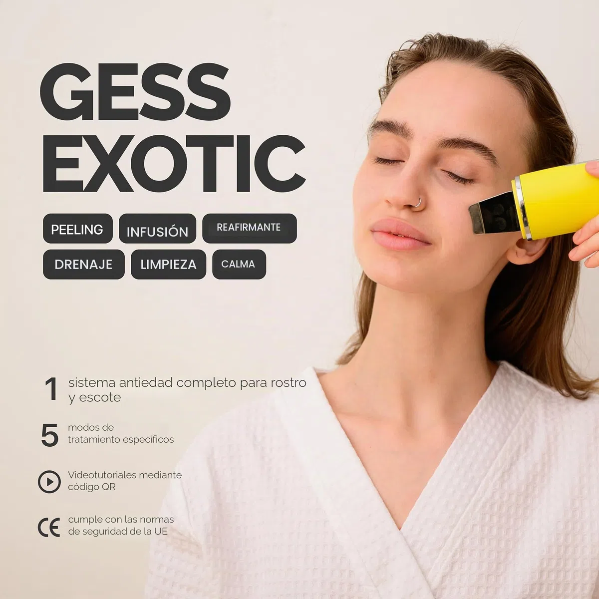 GESS Exotic - Original - Exfoliante ultrasónico para limpieza facial, 5 modos, limpiador de poros, exfoliante ultrasónico, antiedad, eliminador de puntos negros, estiramiento facial - amarillo