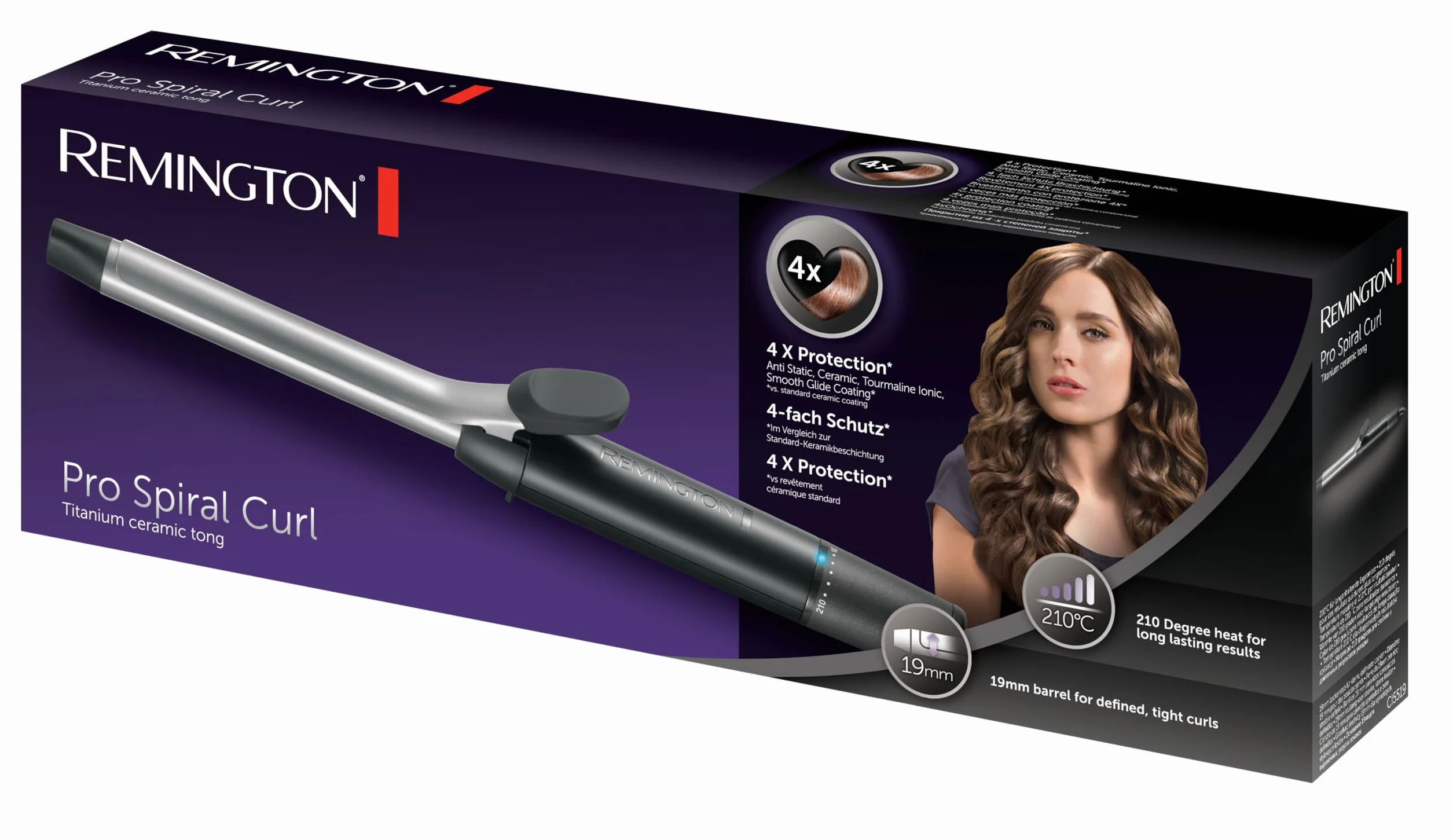 Remington Rizador de Pelo Pro Spiral Curl, Ondulador de Pelo con Pinza de 19 mm, Crea Rizos Definidos, Cerámica con Titanio, Turmalina, Protección y Brillo, 8 Temperaturas hasta 210°C, CI5519