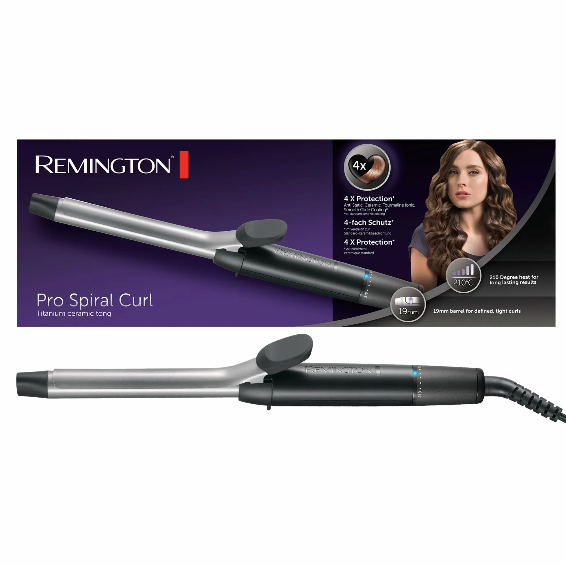 Remington Rizador de Pelo Pro Spiral Curl, Ondulador de Pelo con Pinza de 19 mm, Crea Rizos Definidos, Cerámica con Titanio, Turmalina, Protección y Brillo, 8 Temperaturas hasta 210°C, CI5519