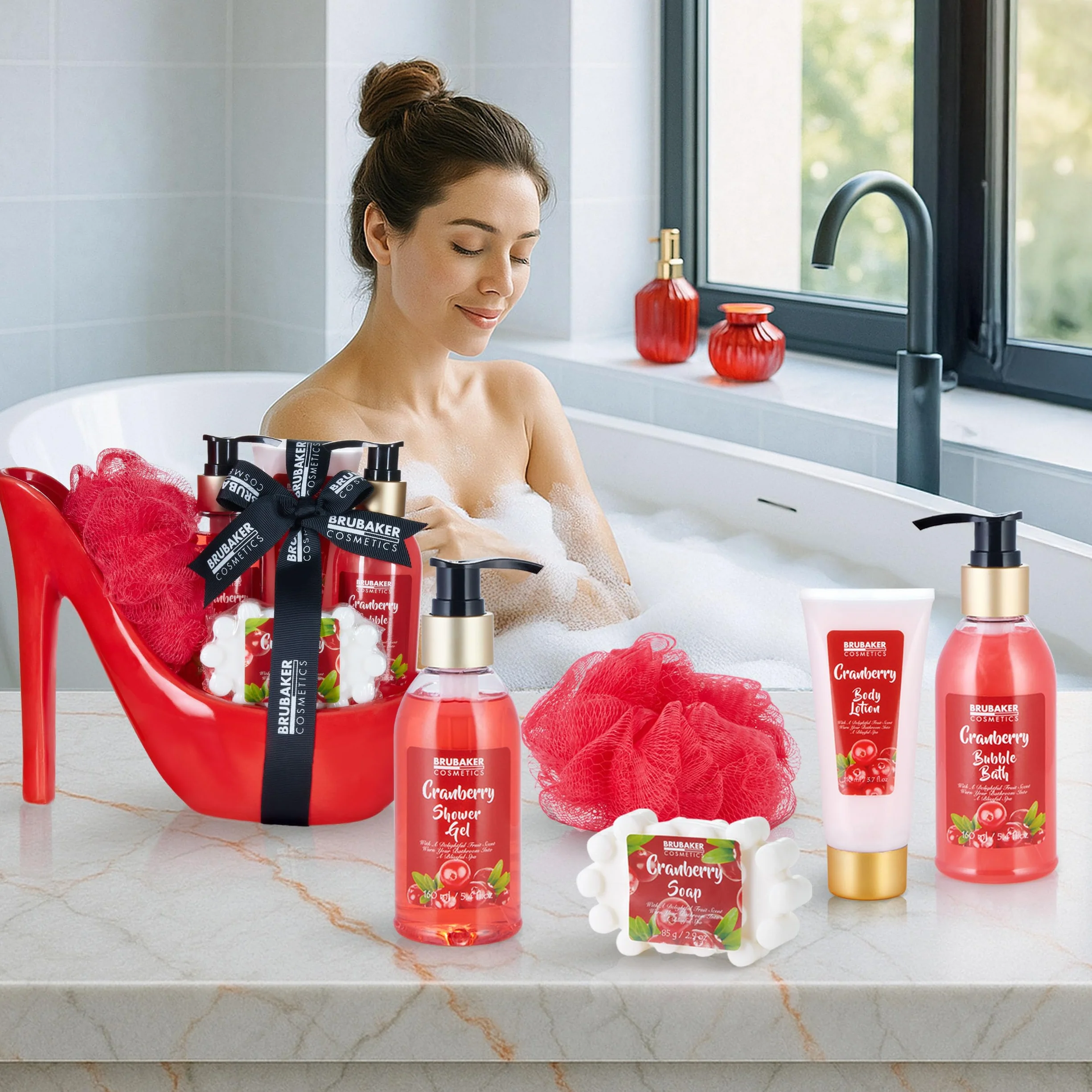 BRUBAKER Cosmetics Luxury Cranberry Beautyset - Set de Baño y Ducha de 6 Piezas - Set de Regalo en Rojo con Estilete de Cerámica