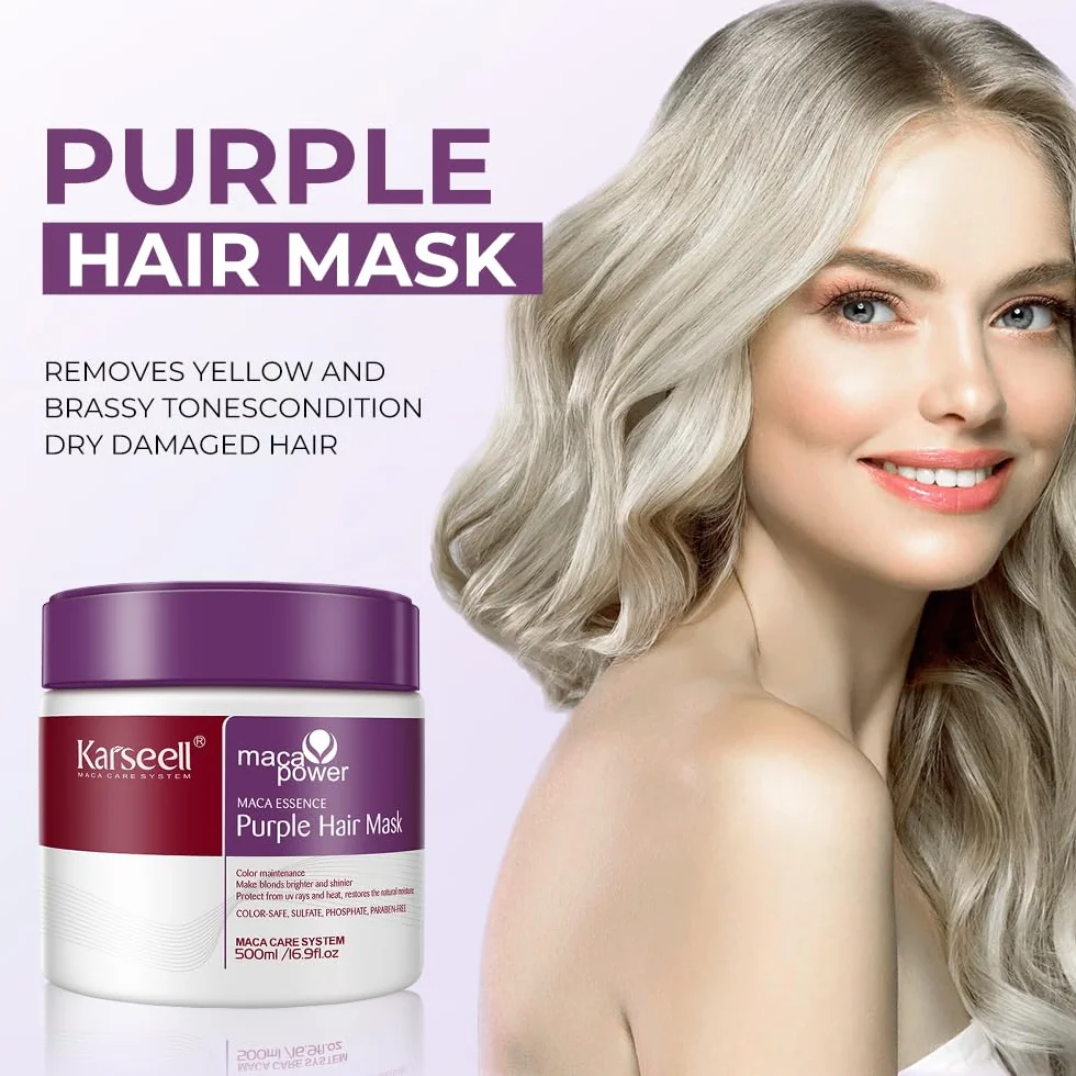 Karseell Mascarilla Pelo Violeta, Reparación del Cabello Teñido Iluminar el cabello Para Pelo Rubio, Gris, Canas, 500ml