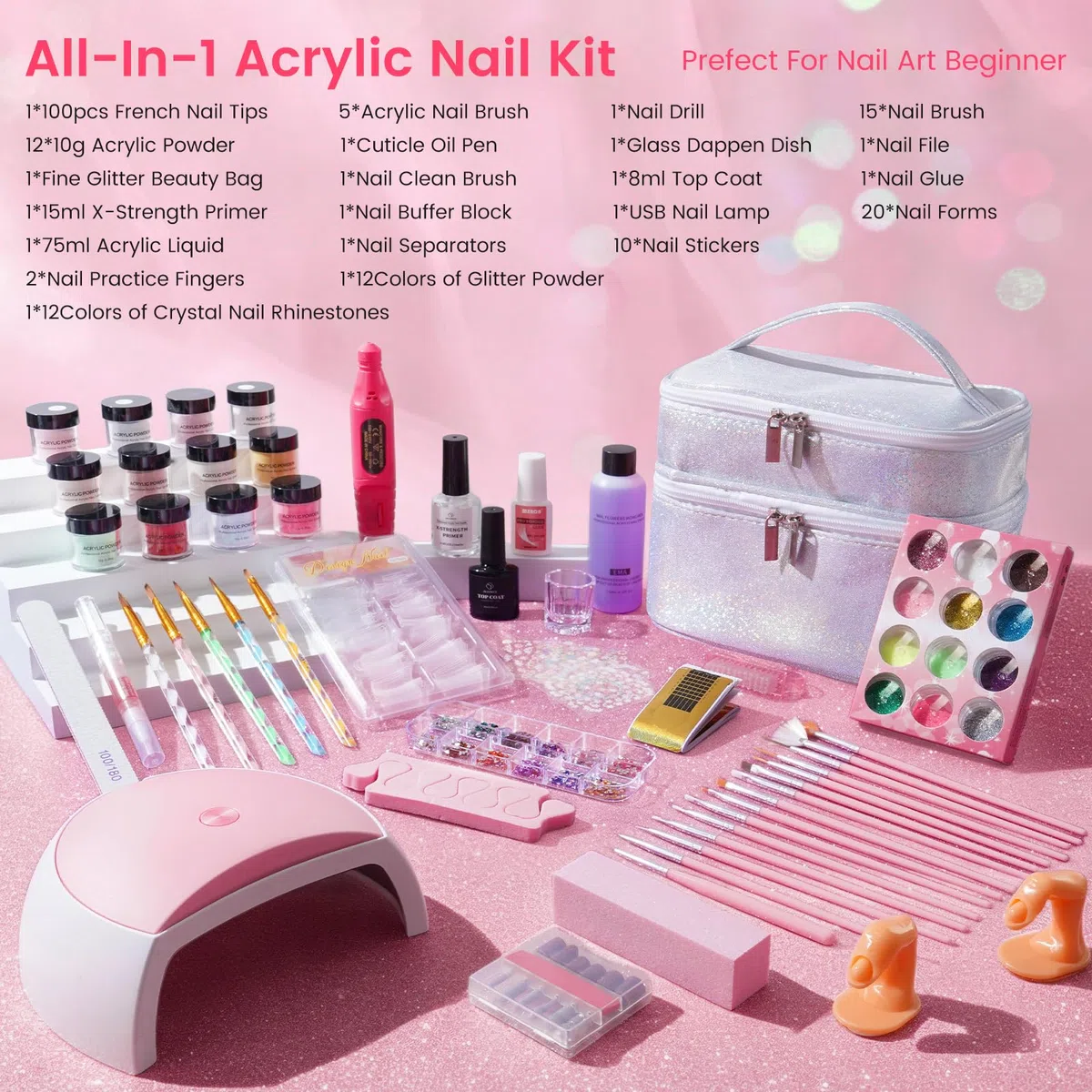 Kit de Uñas Acrílicas para Principiantes Completo: 12 Colores Acrilico Para Uñas con Dedo de Práctica Taladro Lámpara UV - Kit Uñas Semipermanentes Extensión Manicuracon Bolsa Glitter
