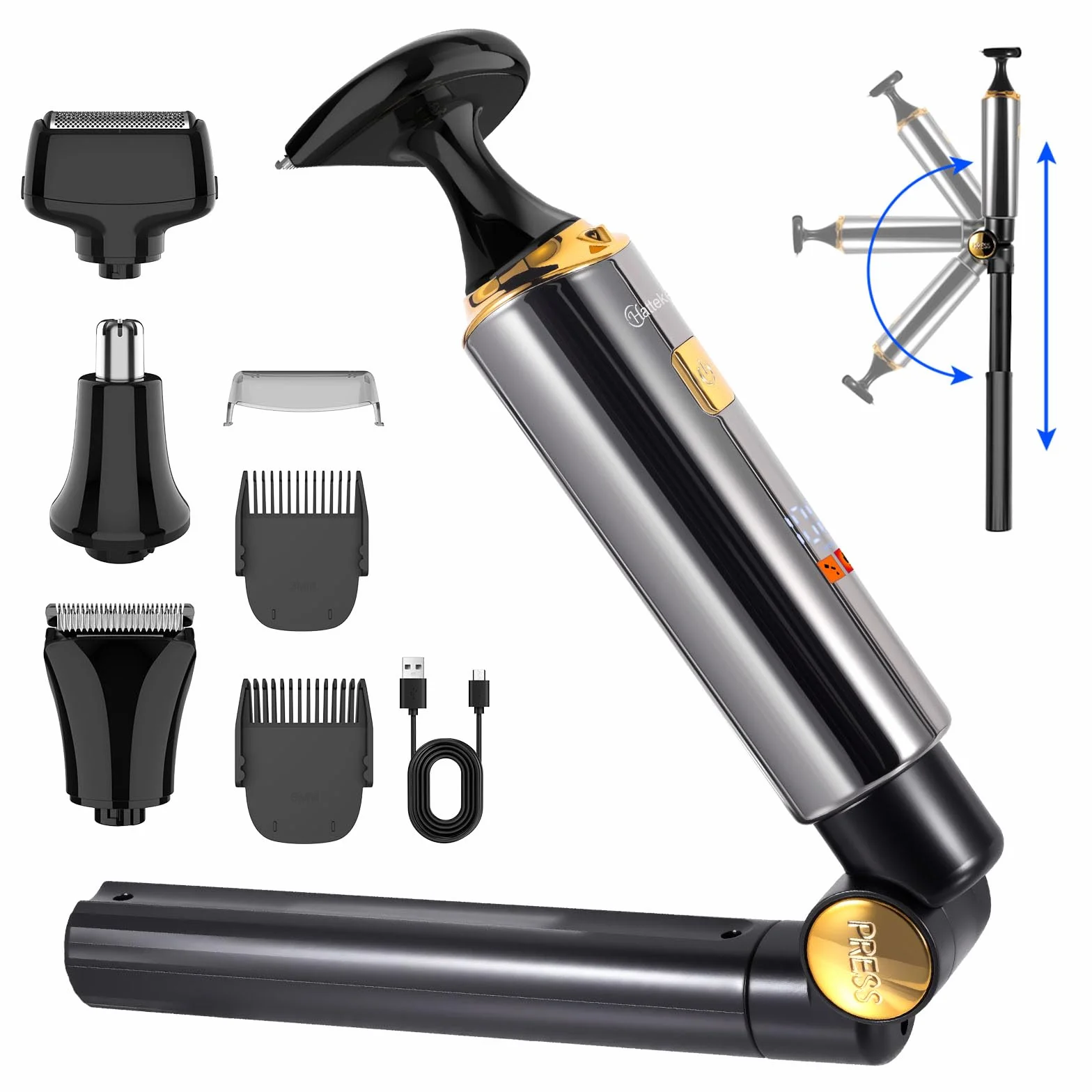 Hatteker Afeitadora de Espalda Eléctrica Kit 4 en 1 para Hombre Recortadora Corporal con Brazo Auxiliar Extensible Impermeable para Rostro, Barbilla, Brazos, Espalda y Vello Púbico