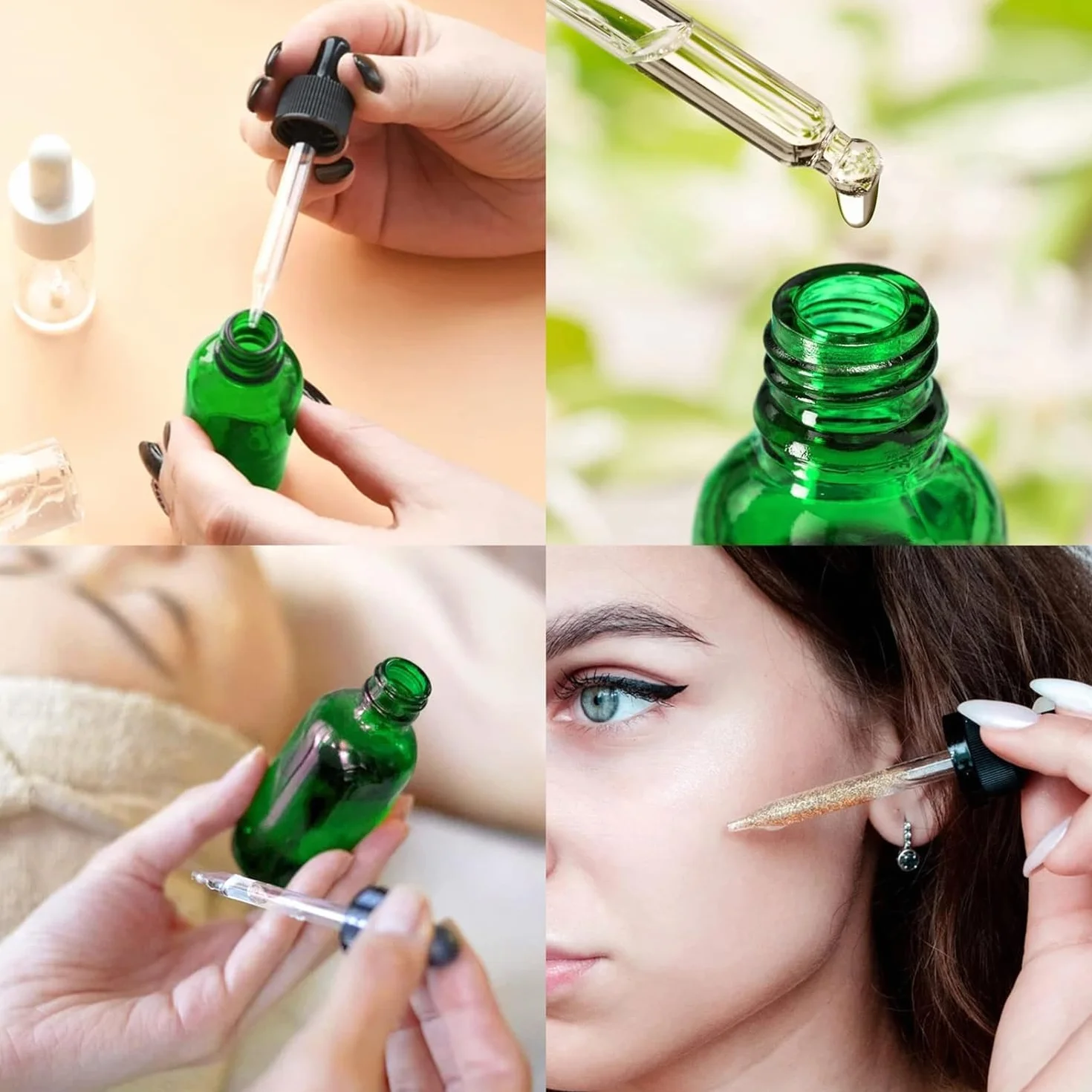 AMJKEJI 12 Piezas Frascos Cuentagotas 30 ml, Verde Cristal Botellas Cuentagotas con 2 Goteros y Embudos, Botellas Cuentagotas de Vidrio para Aceite Esencial, Fragancia, Aromaterapia, Laboratorio