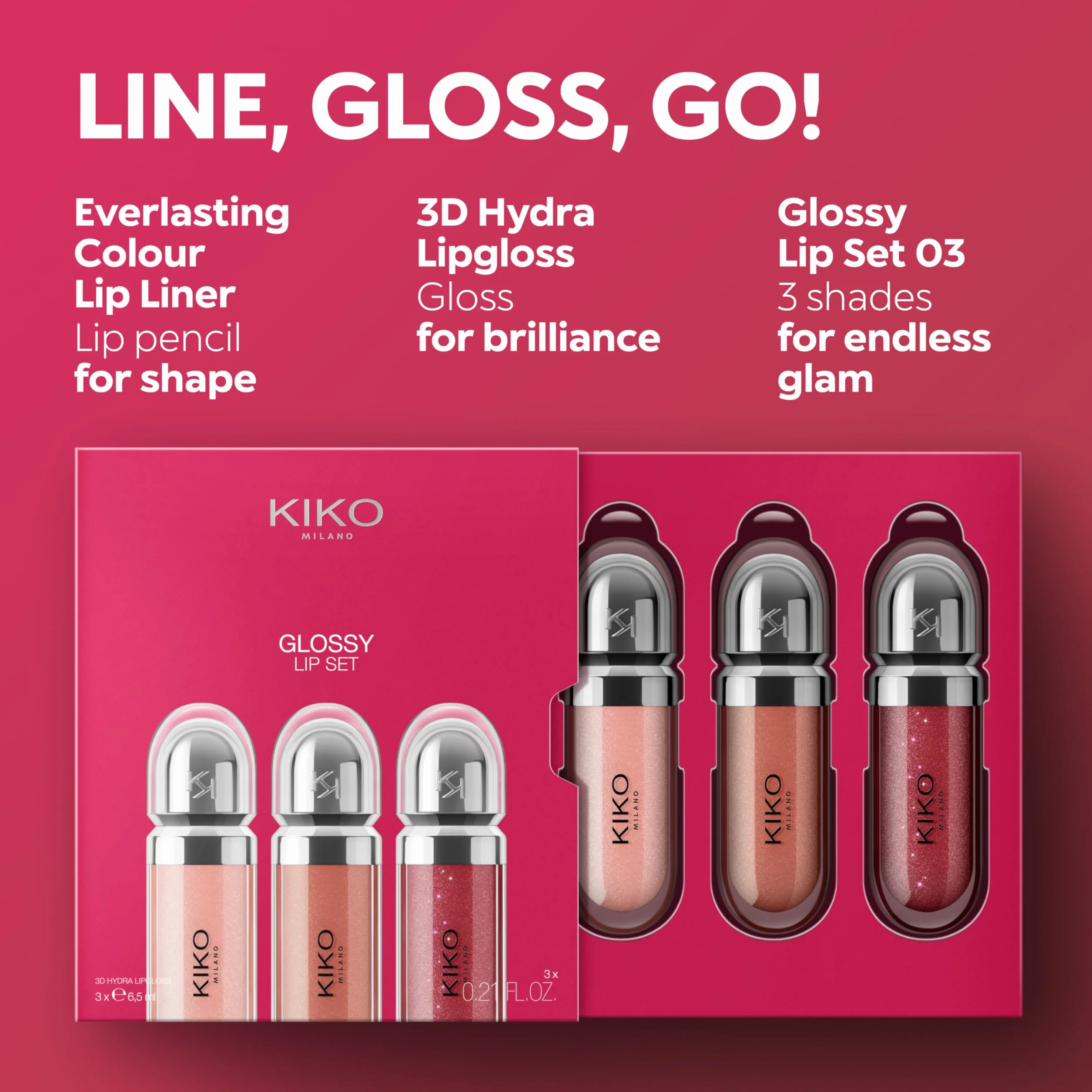 KIKO Milano Glossy Lip Set 03, Kit De Labios: 3 Brillos De Labios Hidratantes Efecto Volumen 3D