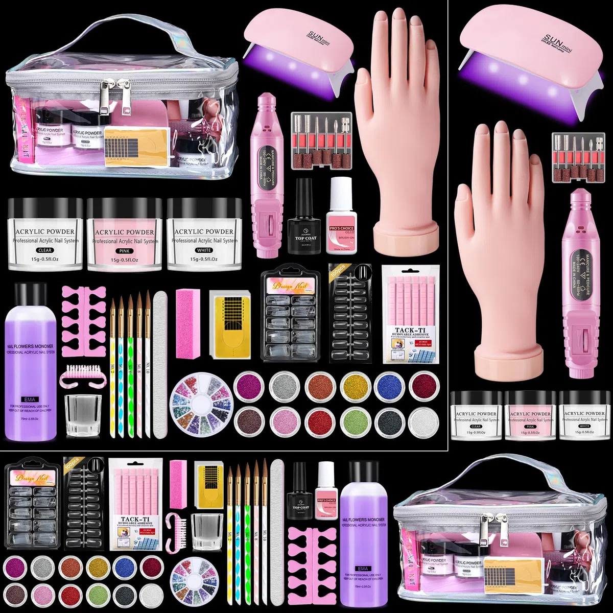 Yokilly Kit Uñas Acrilicas Completo: Acrilico Para Uñas con UV Lámpara ,Mano Para Practicar,Limador De Uñas Electrico - Kit Uñas Semipermanentes Gel Polvo Acrilico Para Uñas con Bolsa Rosa (Plateado)