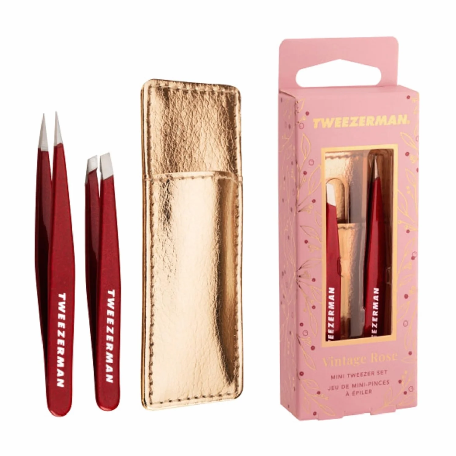 TWEEZERMAN Set de Mini Pinzas para Cejas de Precisión con Funda de Cuero, Vintage Rose