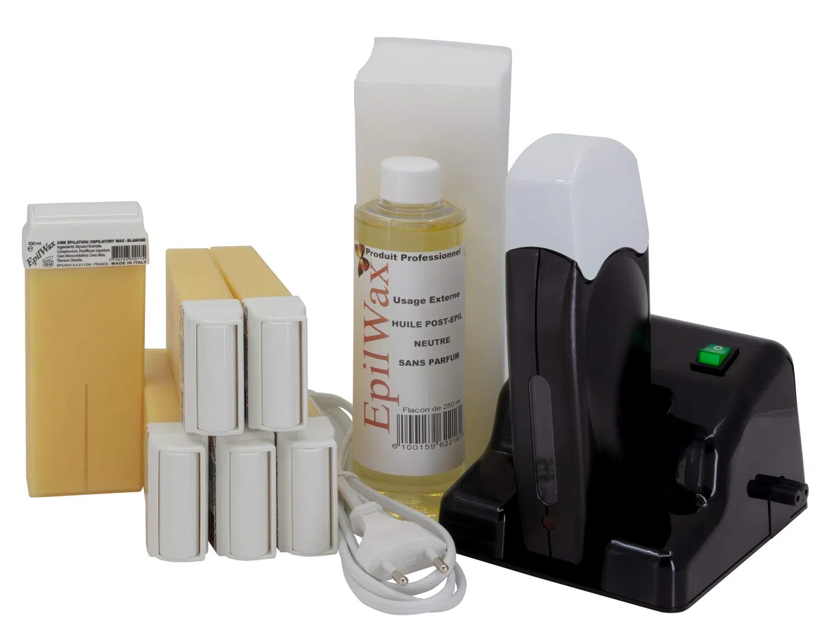 EpilWax Kit de Depilación Modular Completa Cera Desechable Enrollable Black Style Series - con rueda de modelo grande y aceite para depilación posterior al vello - para piernas, axilas y cuerpo