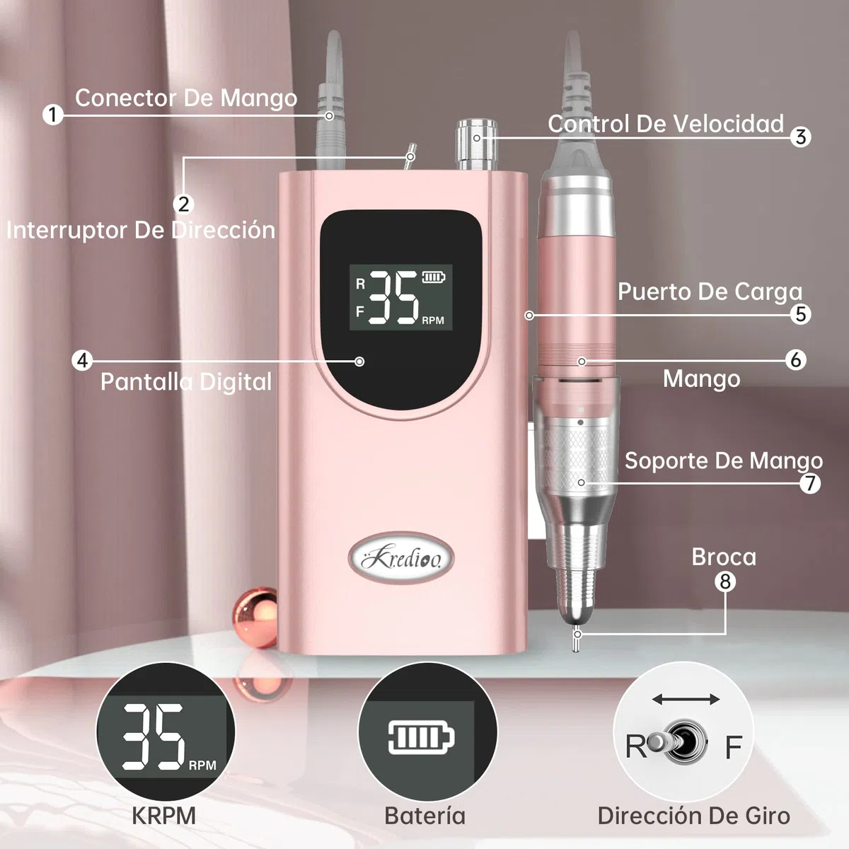 Kredioo Torno para Uñas Profesional 35000RPM Pórtatil＆Recargable 6 Brocas Lima Eléctrica de Manicura y Pedicura Pulidor Set Taladro de Clavo Eléctrico Limado Kit Set de Fresas LCD con Batería Rosa