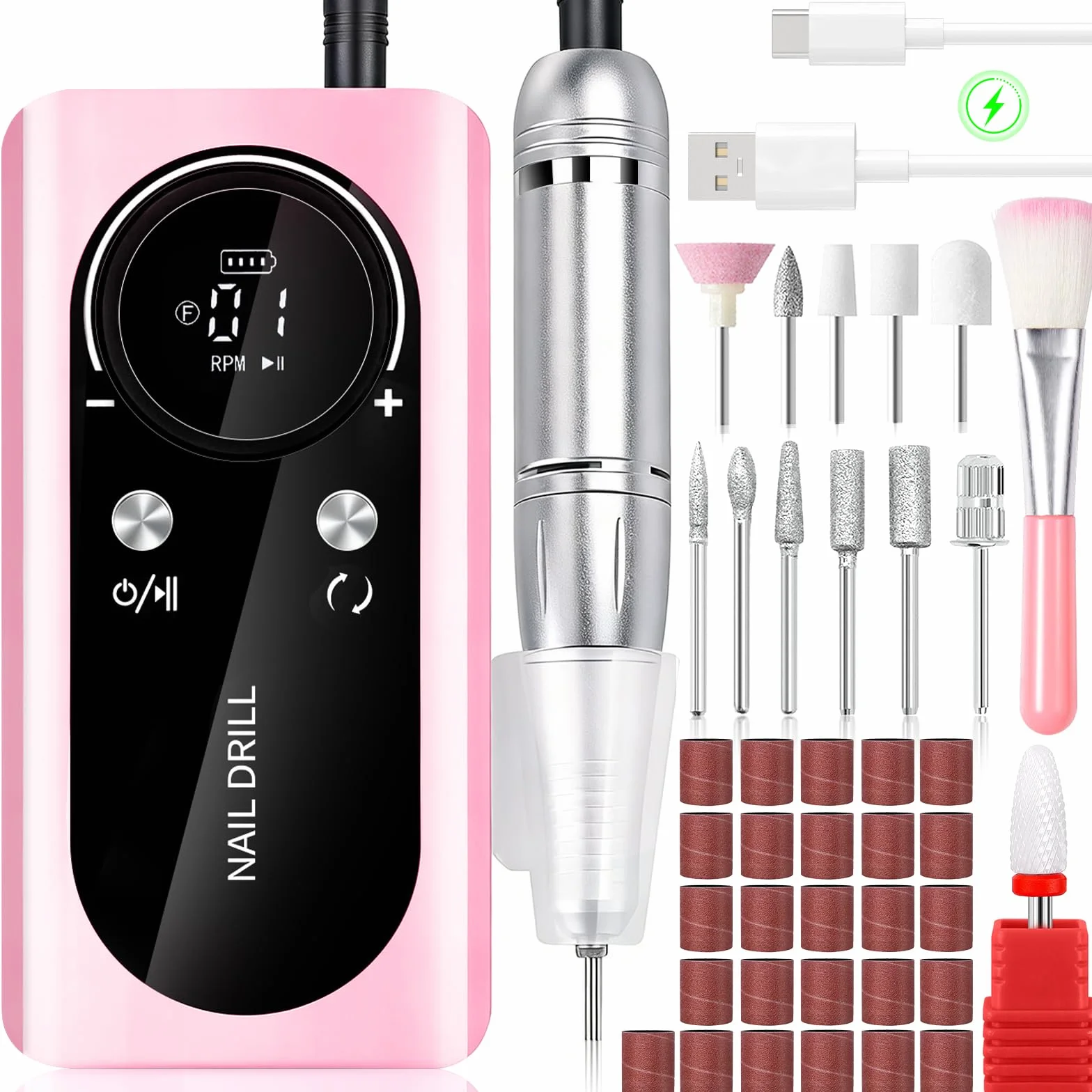 Torno Para Uñas Profesional 45000 Rpm, 12 En 1 Lima Uñas Electrica, Con Velocidad Ajustable, Recargable, Portátil, Para Uña De Gel Y Acrílicas, Manicura Y Pedicura,Salón Y Uso Doméstico