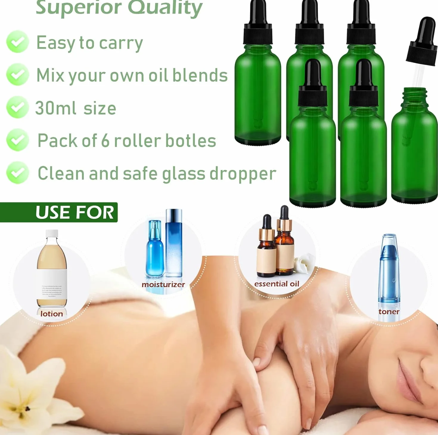 AMJKEJI 12 Piezas Frascos Cuentagotas 30 ml, Verde Cristal Botellas Cuentagotas con 2 Goteros y Embudos, Botellas Cuentagotas de Vidrio para Aceite Esencial, Fragancia, Aromaterapia, Laboratorio