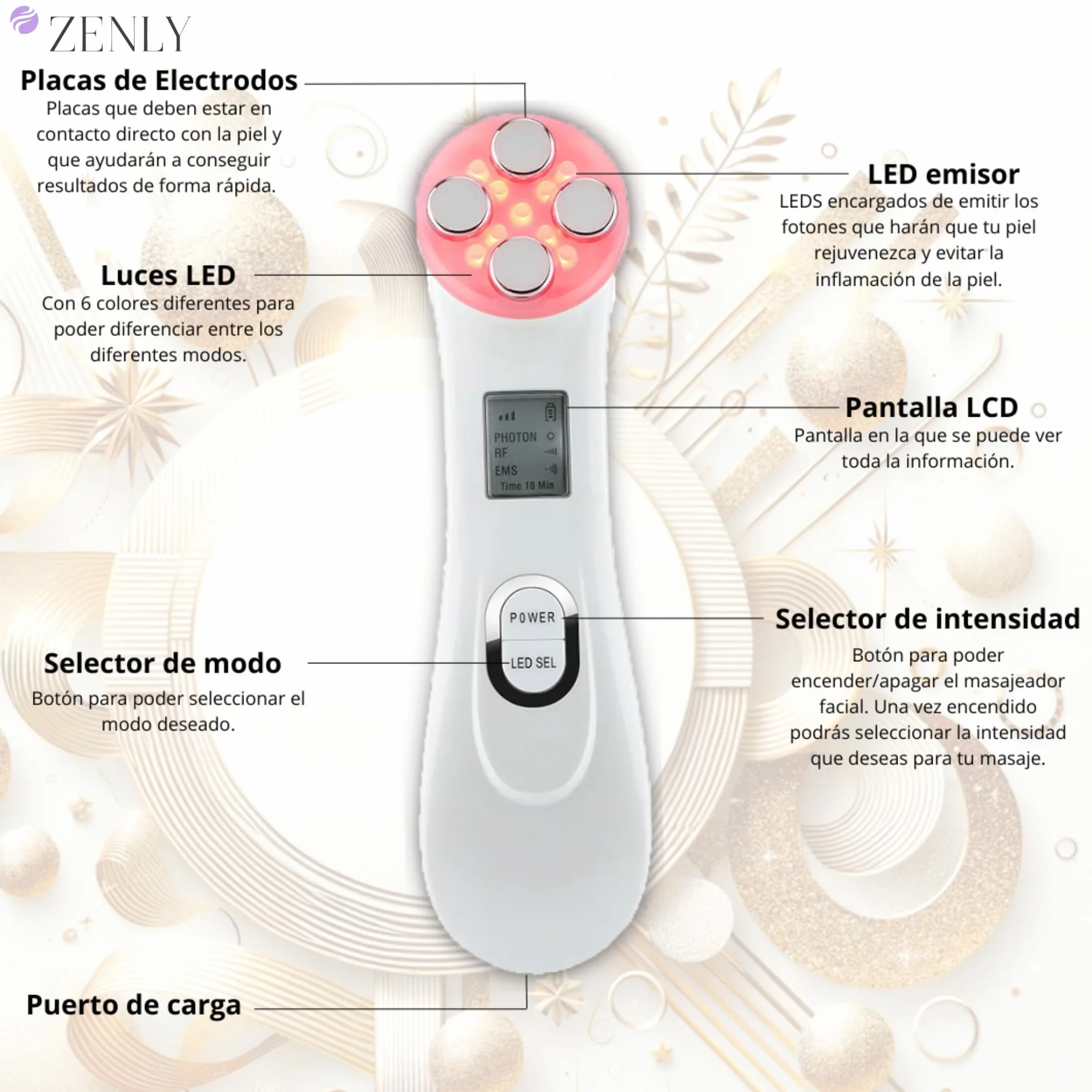 ZENLY Masajeador Radiofrecuencia Facial Multifuncional Profesional 6 en 1 - Tratamiento Antiarrugas, Lifting, Limpieza Profunda con Tecnología EMS y Luz LED para Piel Radiante, Rejuvenece y Tonifica