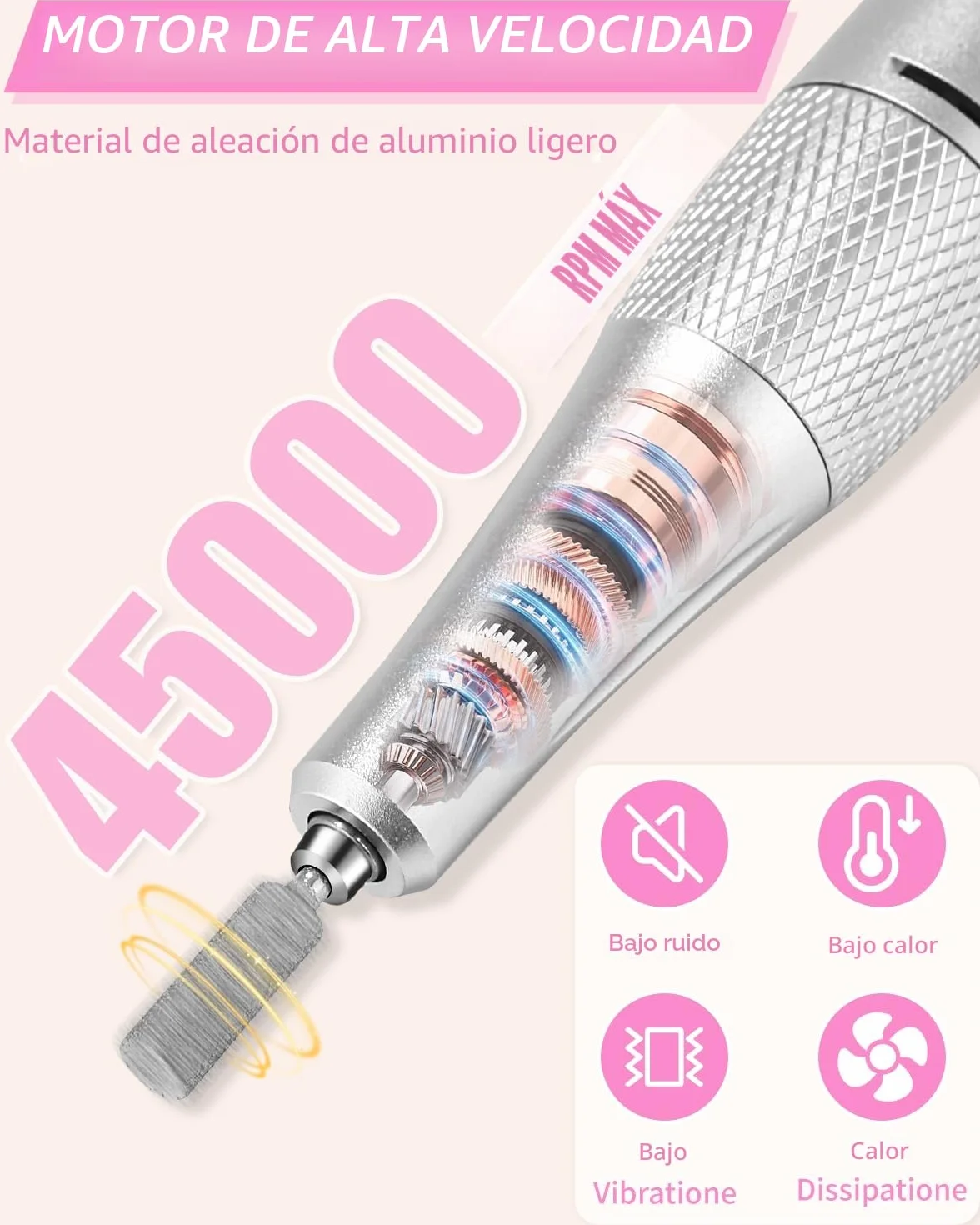 Torno para Uñas Profesional 45000 RPM,Torno de Uñas Inalambrico Pulidor Lima Electrica Uñas Portatil para Semipermanentes Acrilicas Manicura y Pedicura, Baja Vibración, Salón DIY
