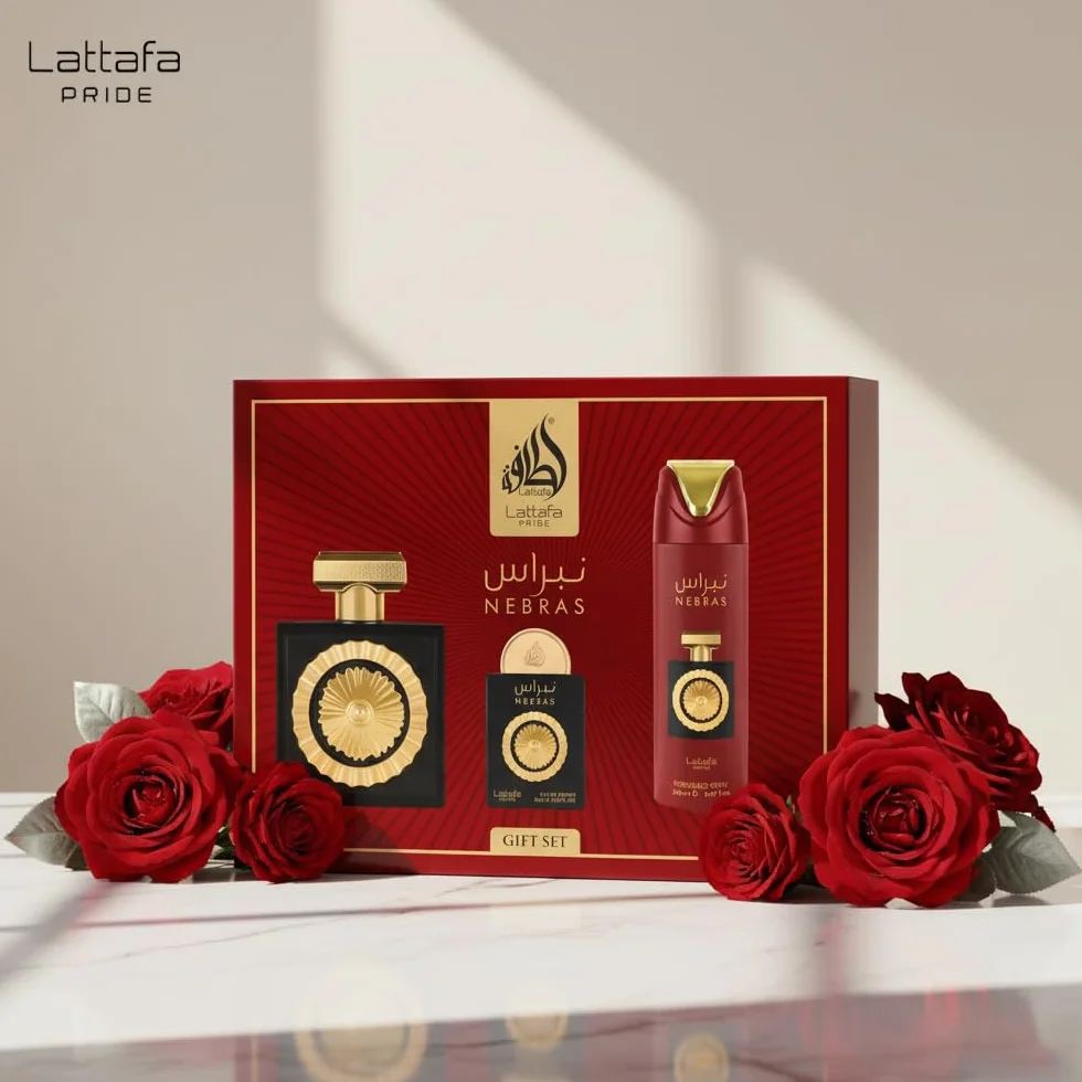 Lattafa Pride Nebras - Set de regalo de lujo para mujeres y hombres, frambuesa, cacao oscuro y vainilla, aroma largo y calmante