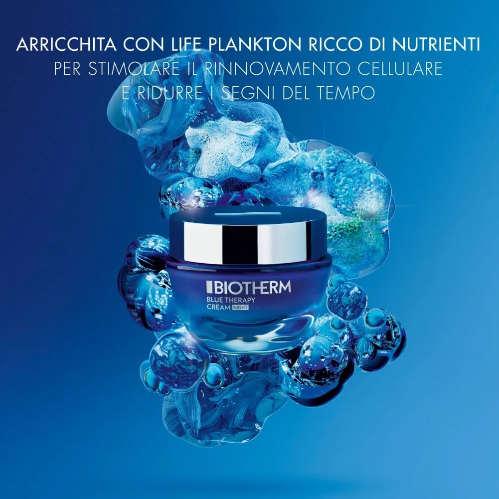 Biotherm, Blue Therapy Crema de Noche Hidratante y Antiedad, Reduce Arrugas y Manchas Oscuras, Enriquecida con Life Plankton, Todo Tipo de Pieles, 50 ml