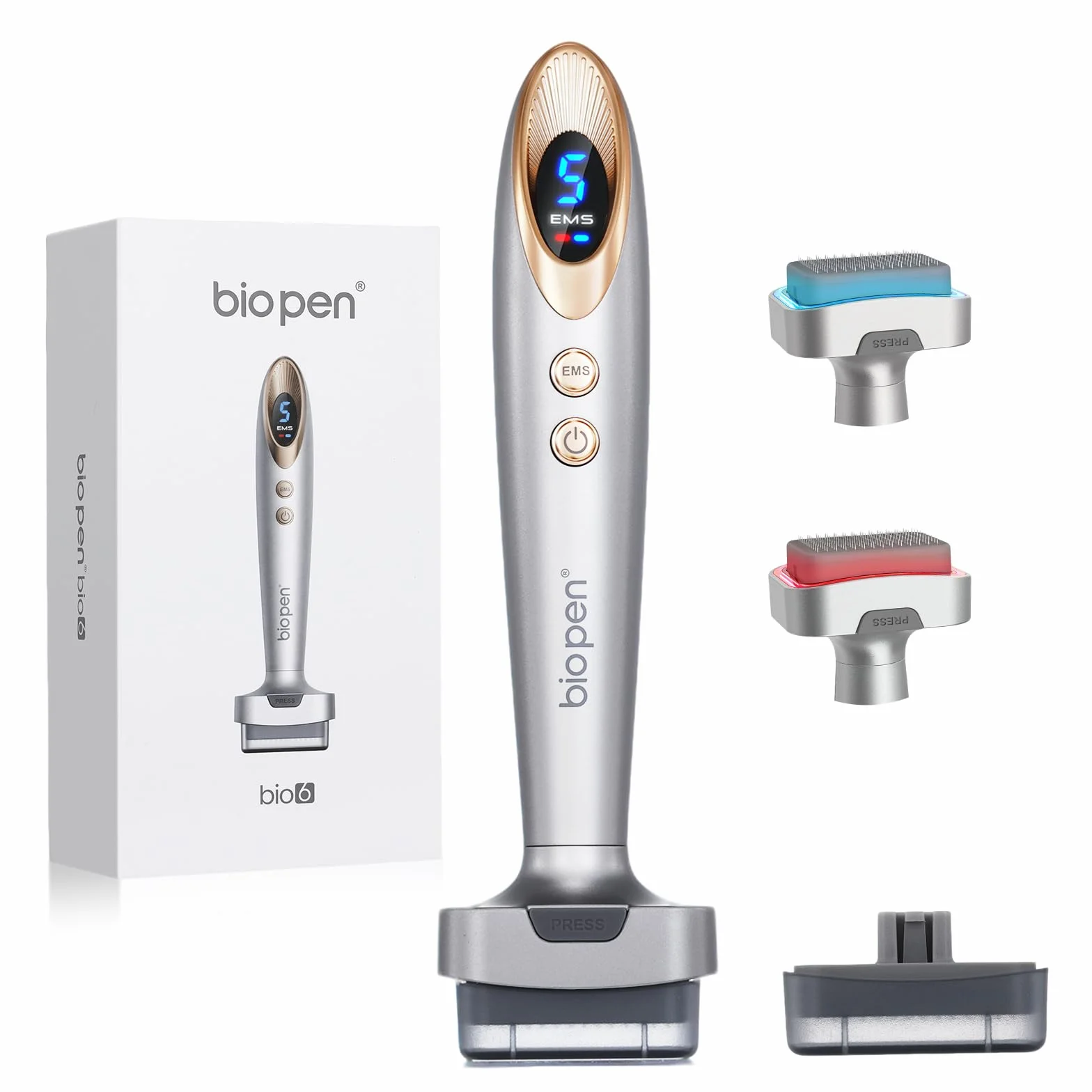 Biopen Derma Stamp 140 Pins, Microneedling + Vibración + Luz LED con 2 Cabezales Reemplazables (0,5 mm) para Cabello Debilitado/Crecimiento de la Barba/Cuidado Facial (Oro Blanco)