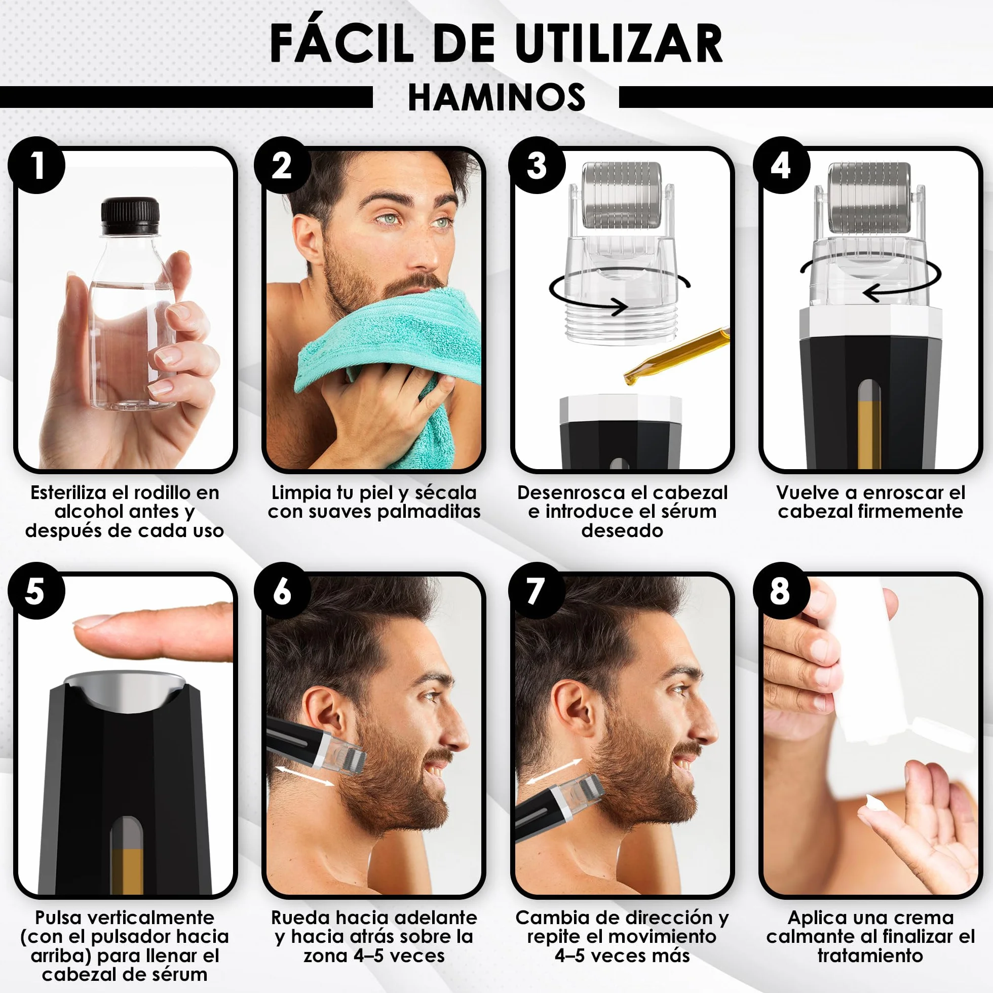 HAMINOS Derma roller 1 mm 3.0 con Depósito para Cabello, Barba, Piel, Arrugas, Estrías, Hiperpigmentación APLICACIÓN INSTANTÁNEA DEL SÉRUM, 520 Agujas de Titanio