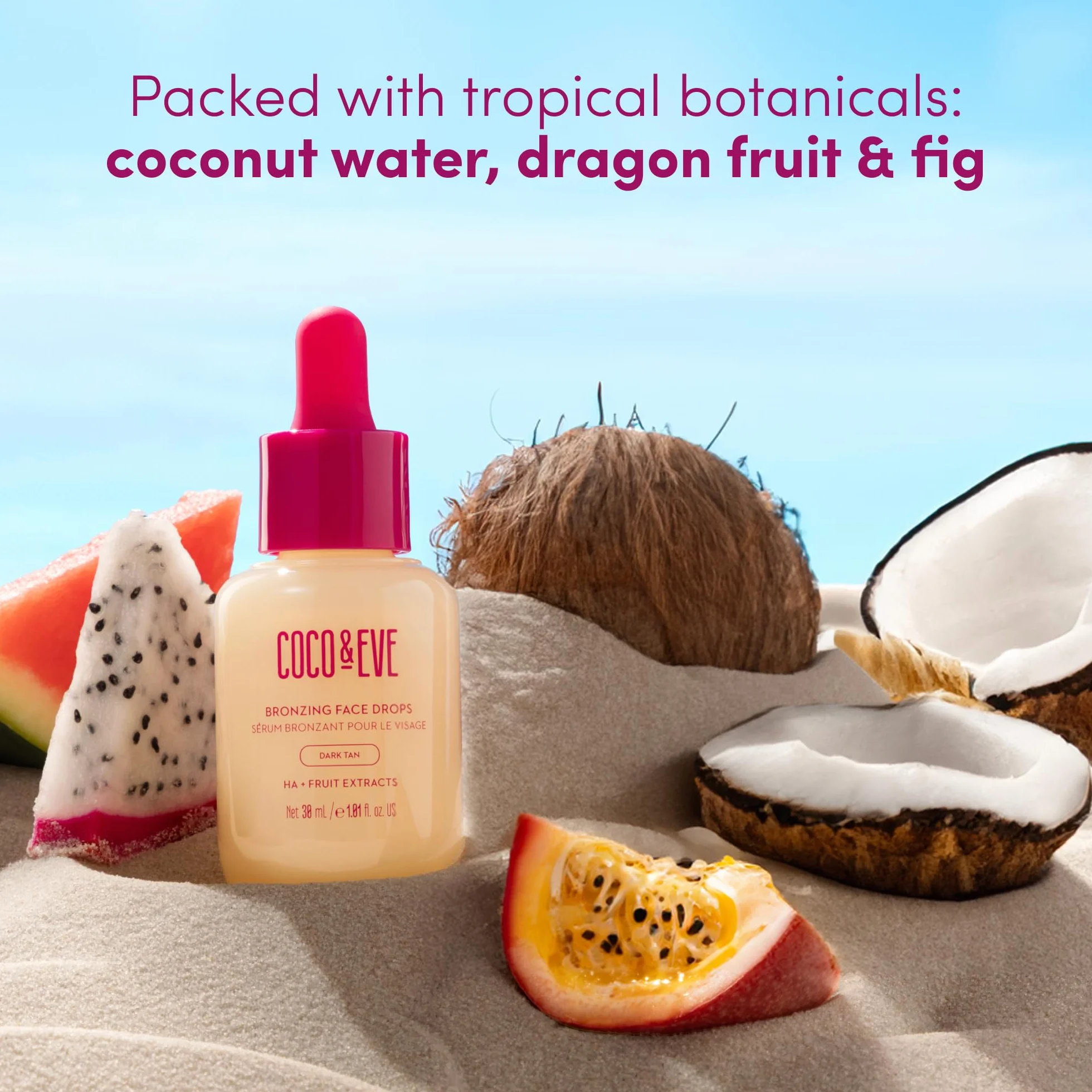 Coco & Eve Sunny Honey - Bronceador facial en gotas - Hidratante con ácido hialurónico - Sérum de bronceado gradual y natural - Para estar moreno sin exponerse al sol - 30ml (Oscuro)