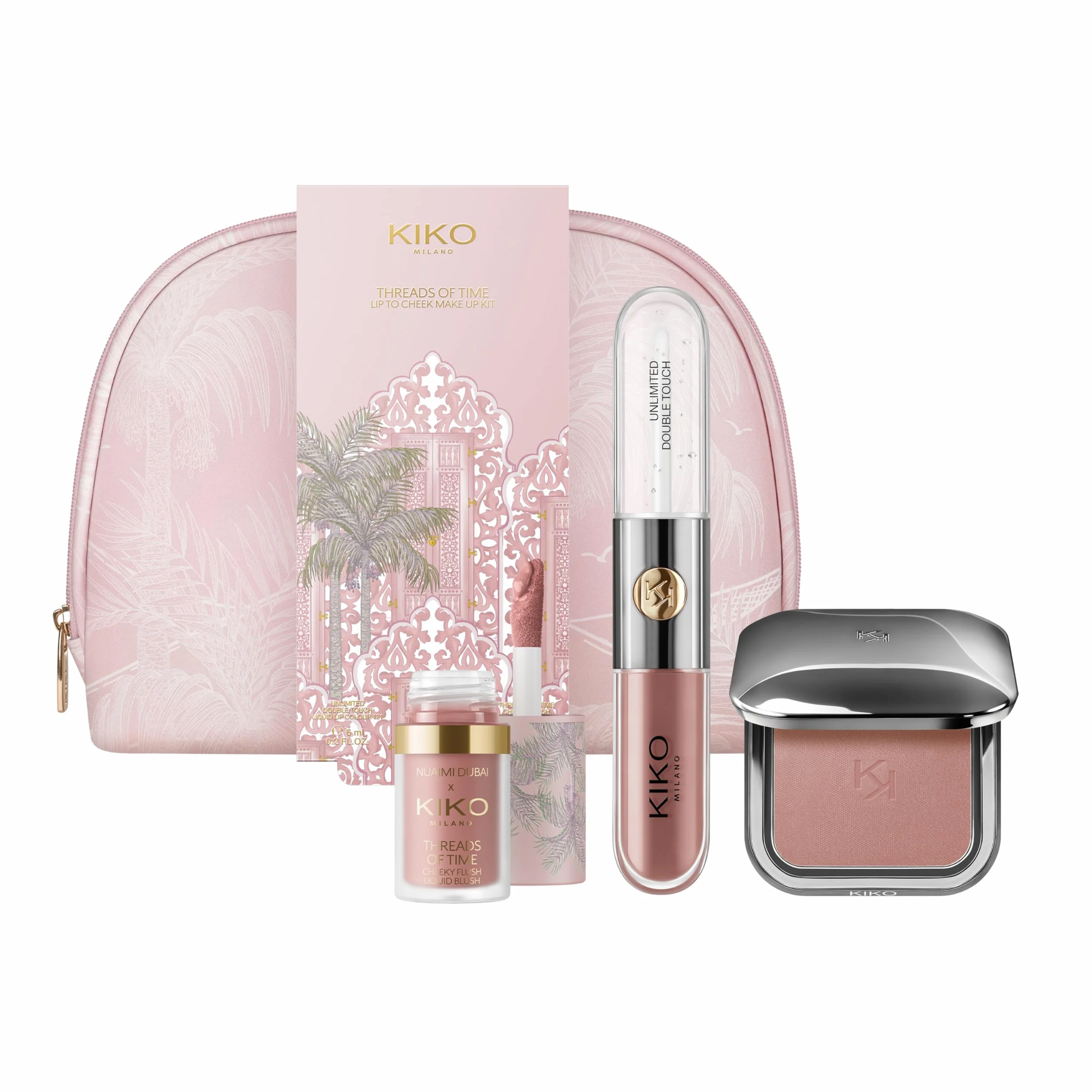 KIKO Milano Threads Of Time Lip To Cheek Make Up Kit, Kit De Maquillaje De Regalo: Labial Y Brillo 2 En 1, Colorete Líquido Y Colorete En Polvo