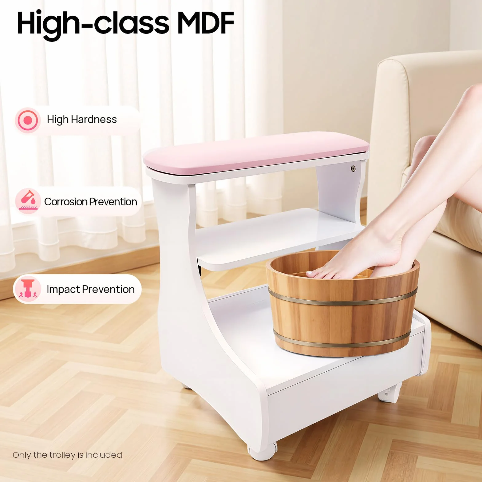 Carrito de Pedicura, Mueble Rodante para Manicura y Cuidado, Taburete de Cuatro Ruedas con Bandeja y Almacenamiento, con Reposapies, Ideal para Salón de Belleza, Spa y Uso Doméstico Profesional